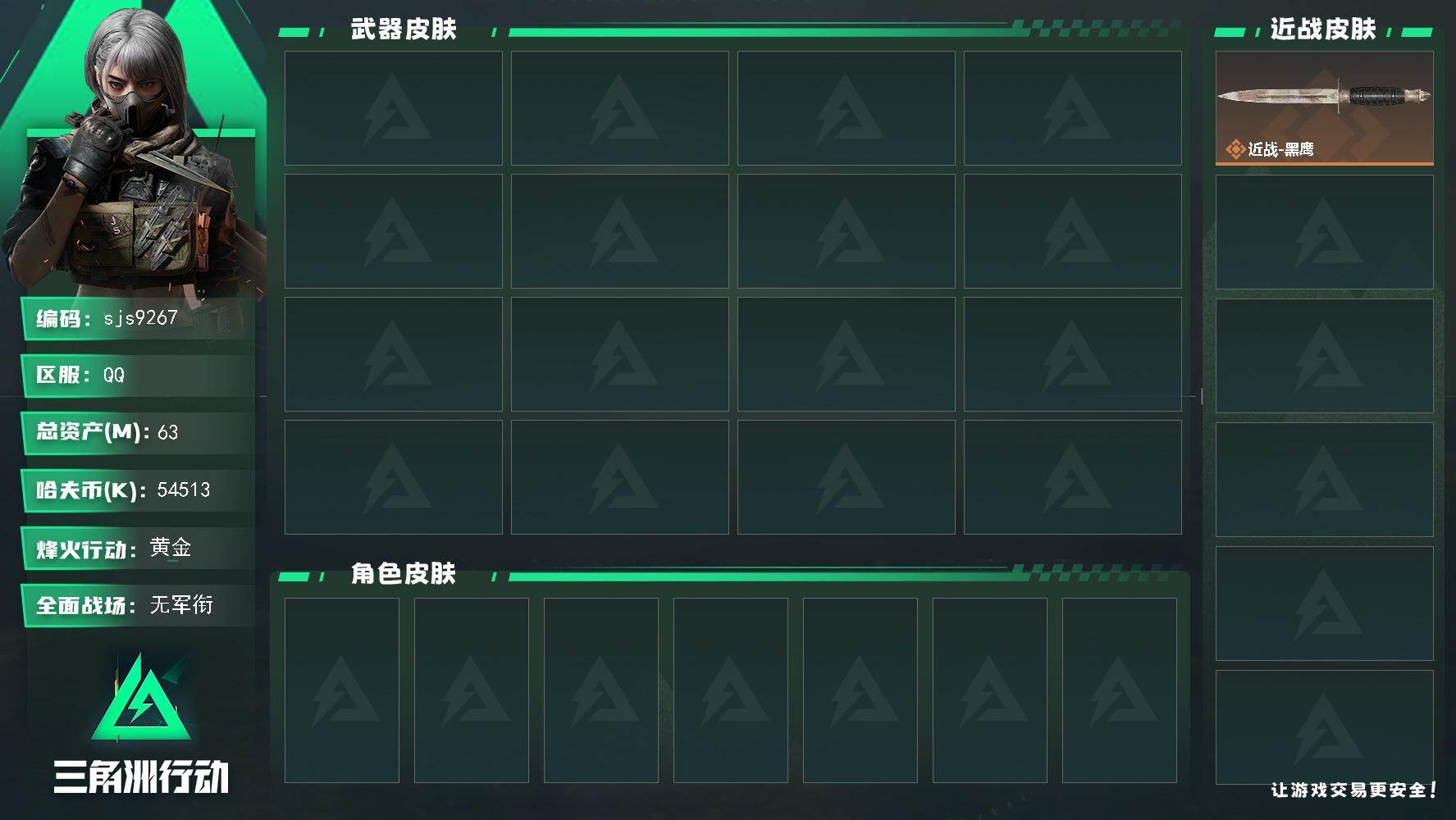 三角洲行动账号QQ【sjs9267】63m总资产-54513k哈伏币-43烽火等级-黄金-1战场等级-无军衔
【近战皮