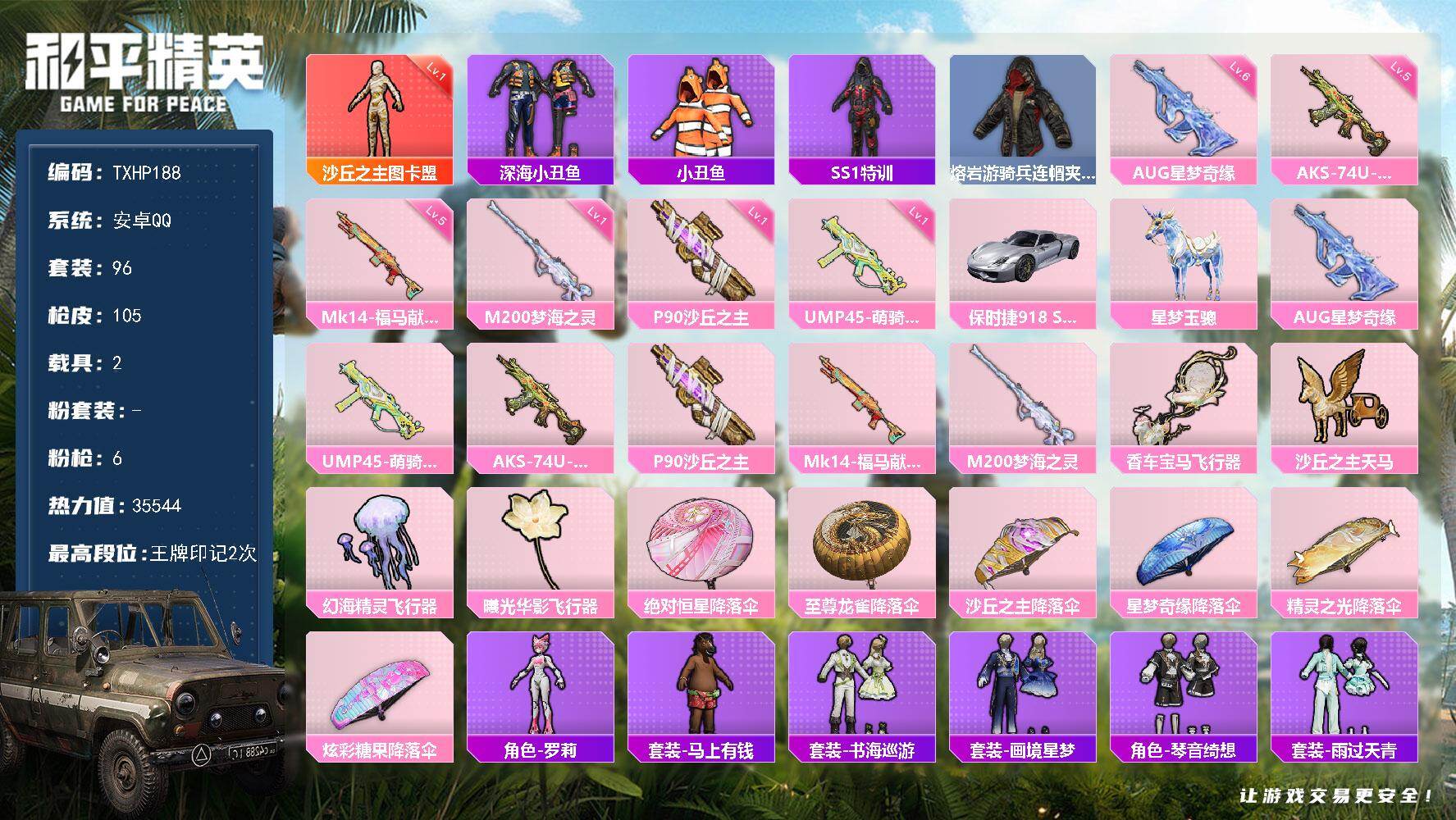 和平精英账号安卓QQ安卓 手Q-1神装-0粉装-6特效枪-2载具-5粉色飞行器-35544热力值-2王牌印记-96套装-
