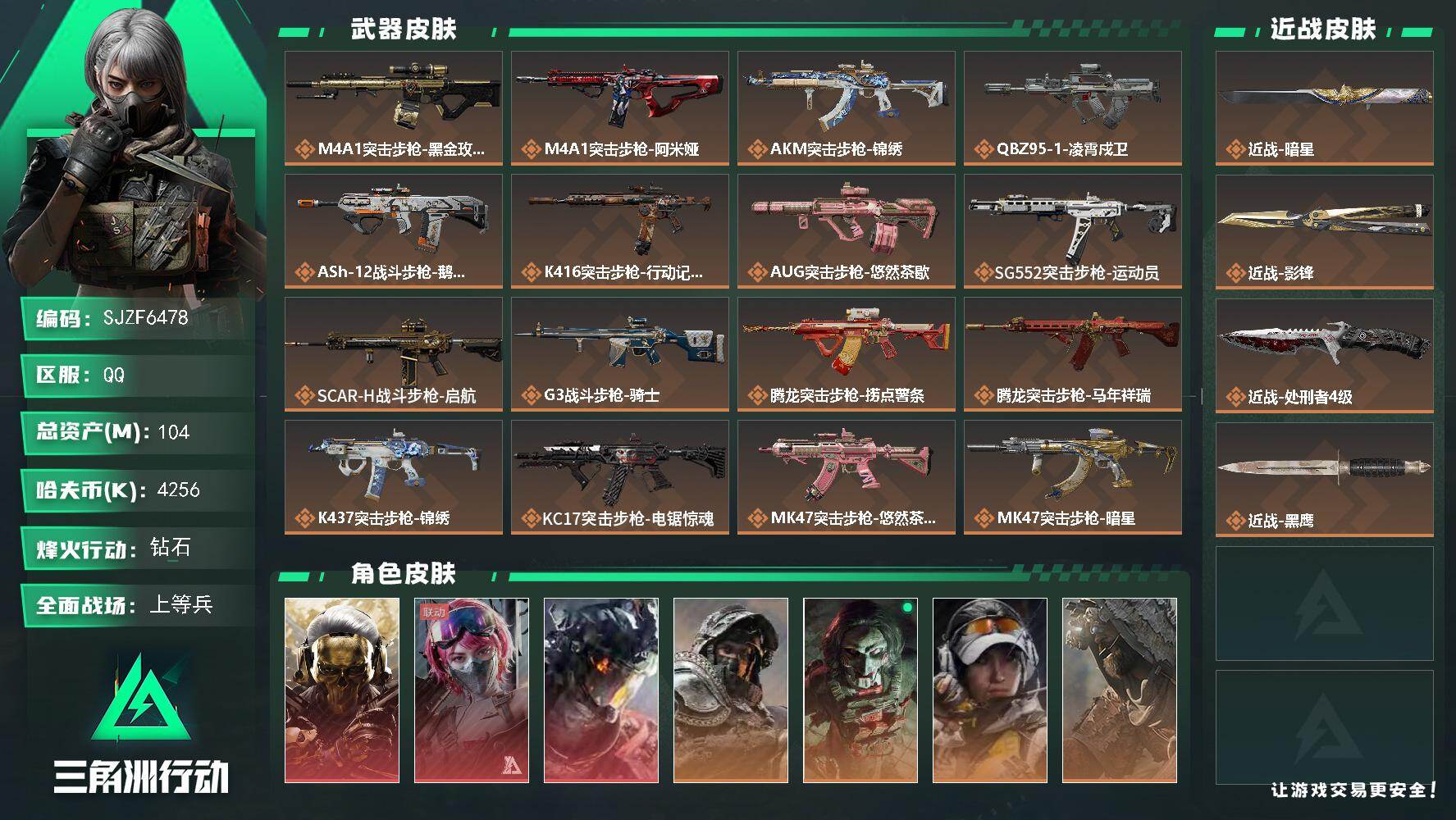 三角洲行动账号QQ【SJZF6478】总资产(M)：104M/哈夫币(K)：4256K/哈夫币(K)：4256K/传说枪皮数：32/全面战场等级：37_段位：上等兵/烽火地带等级：60_段位：钻石/红狼-蚀金玫瑰/蛊