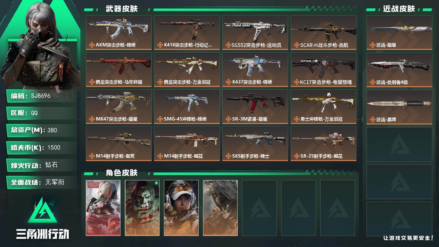 三角洲行动账号QQ【SJ8696】总资产(M)：380M/哈夫币(K)：1500K/哈夫币(K)：1500K/传说枪皮