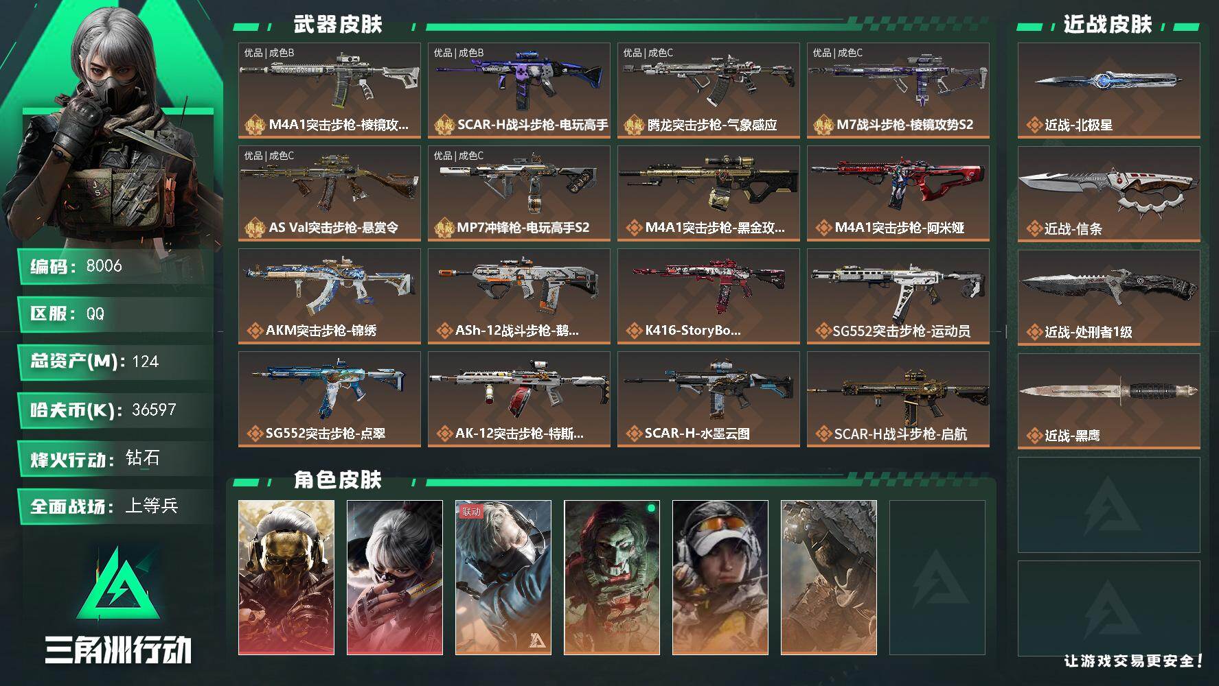 三角洲行动账号QQ【8006】124m总资产-36597k哈伏币-60烽火等级-钻石-19战场等级-上等兵
【干员外观