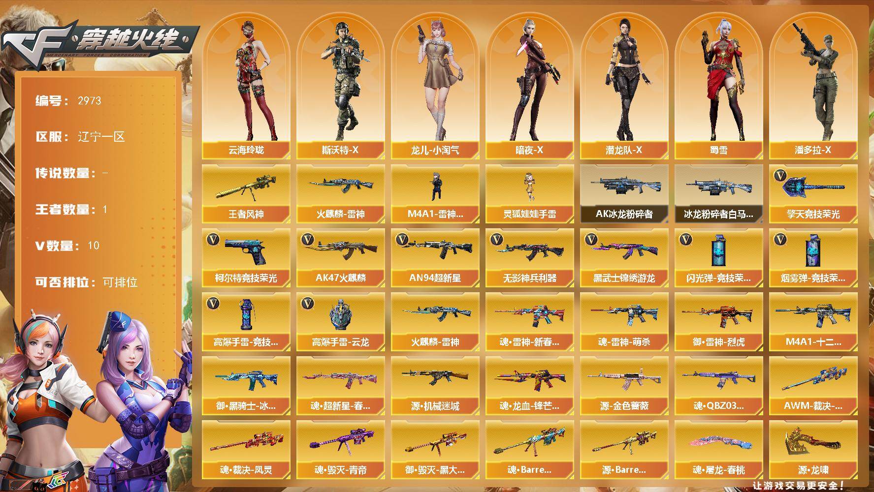 穿越火线账号北部战区辽宁一区辽宁一区-10V-1王者武器数-0炫金武器数
【王者炫金武器】：王者风神
【皮肤】：火麒麟-雷神
【