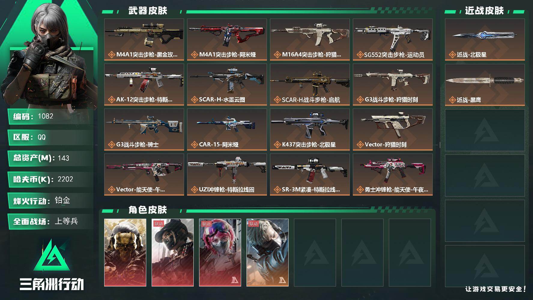 三角洲行动账号QQ143m总资产-2202k哈伏币-60烽火等级-铂金-43战场等级-上等兵
【干员外观】：红狼-蚀金