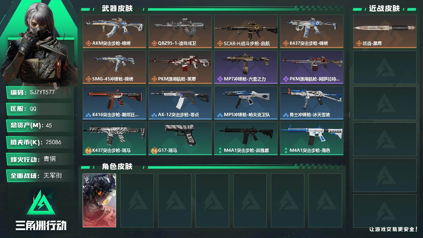 三角洲行动账号QQ【SJZYT577】总资产(M)：45M/哈夫币(K)：25086K/哈夫币(K)：25086K/传说枪皮数：6/全面战场等级：1_段位：无段位/烽火地带等级：30_段位：青铜/威龙-凌霄戍卫/近战