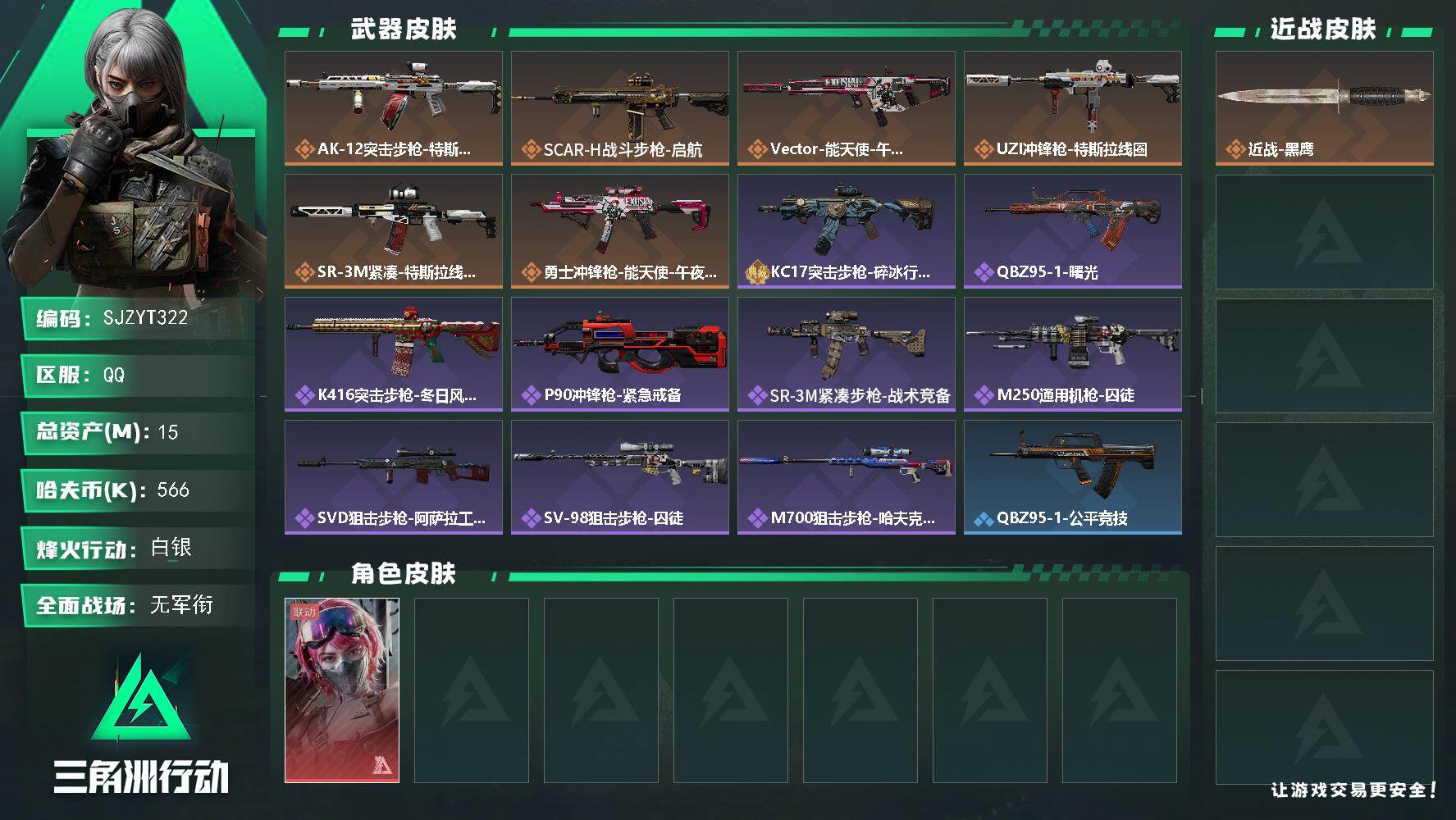 三角洲行动账号QQ【SJZYT322】总资产(M)：15M/哈夫币(K)：566K/哈夫币(K)：566K/传说枪皮数