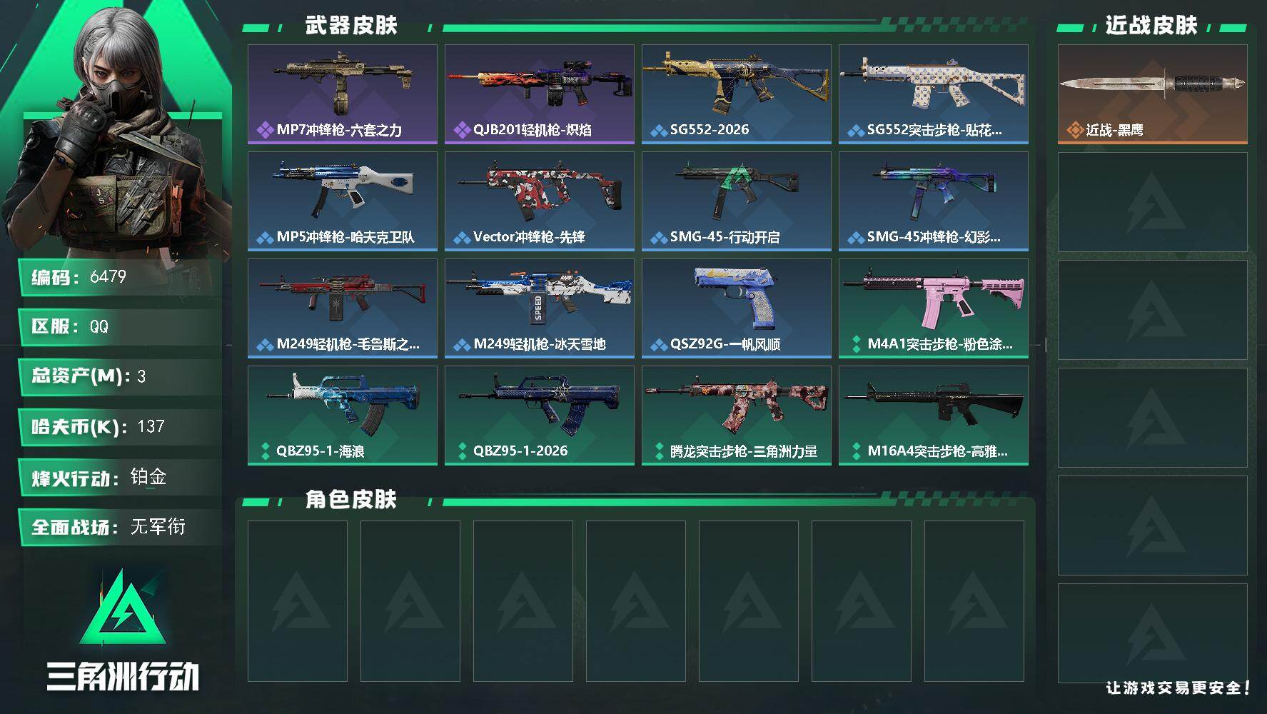 三角洲行动账号QQ总资产(M)：3M/哈夫币(K)：137K/哈夫币(K)：137K/全面战场等级：1_段位：无段位/