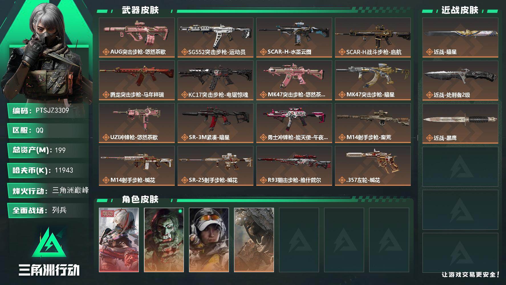 三角洲行动账号QQ【PTSJZ3309】总资产(M)：199M/哈夫币(K)：11943K/哈夫币(K)：11943K