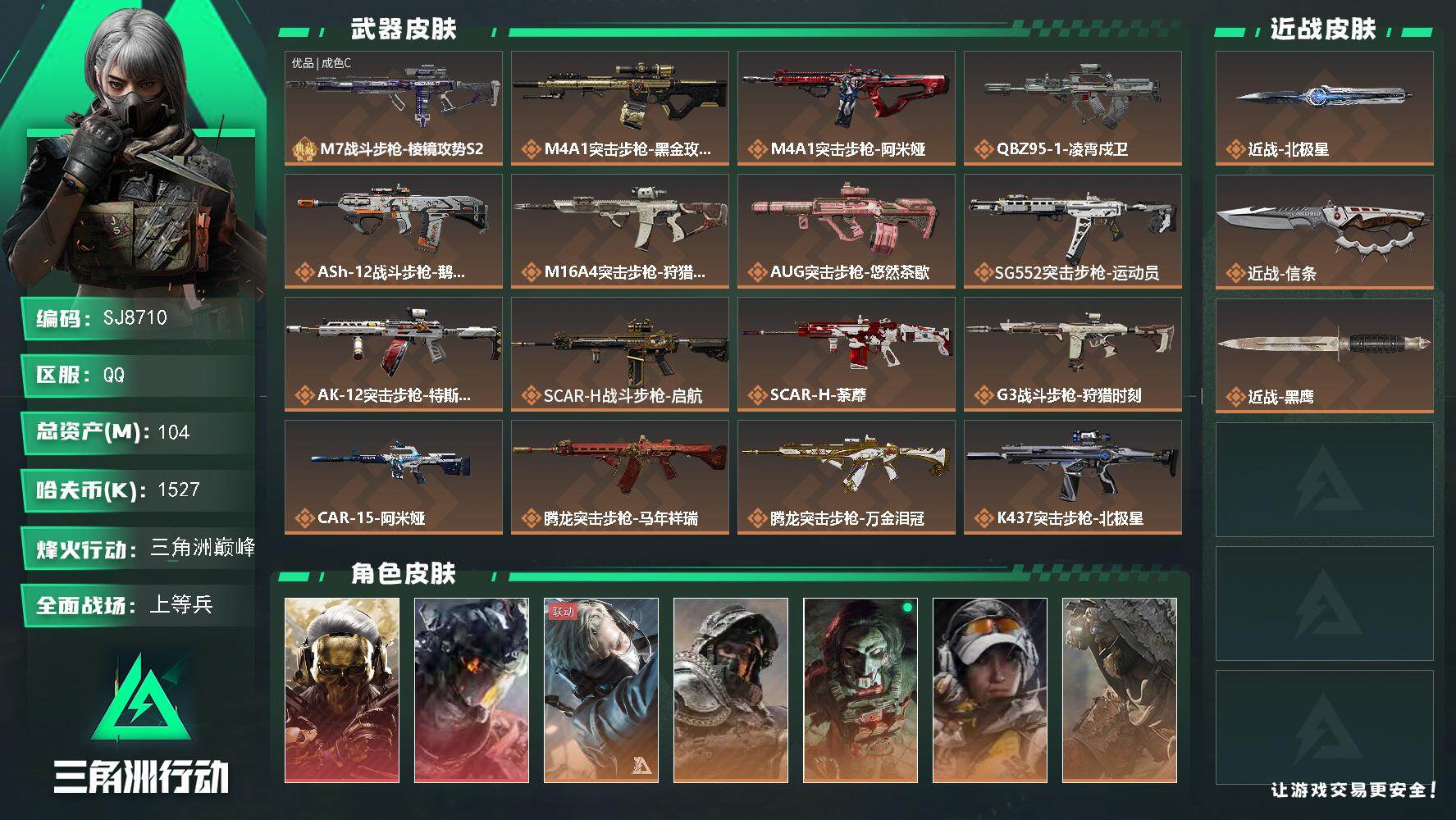 三角洲行动账号QQ【SJ8710】总资产(M)：104M/哈夫币(K)：1527K/哈夫币(K)：1527K/传说枪皮