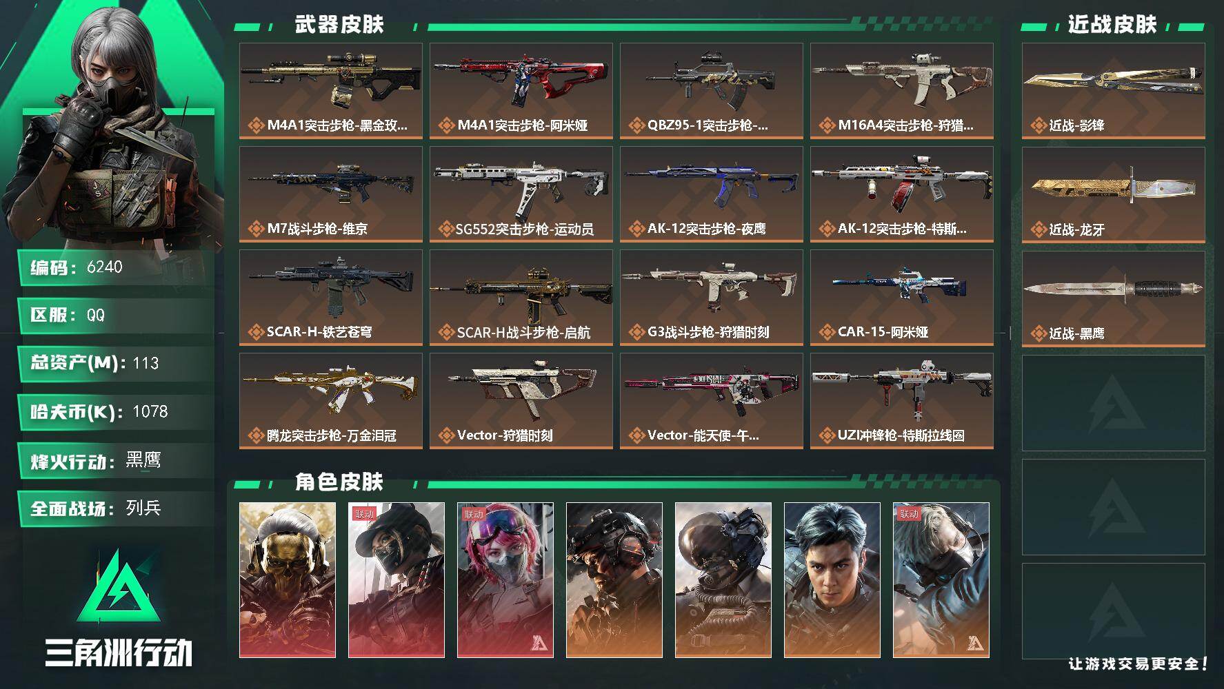 三角洲行动账号QQ总资产(M)：113M/哈夫币(K)：1078K/哈夫币(K)：1078K/传说枪皮数：29/全面战