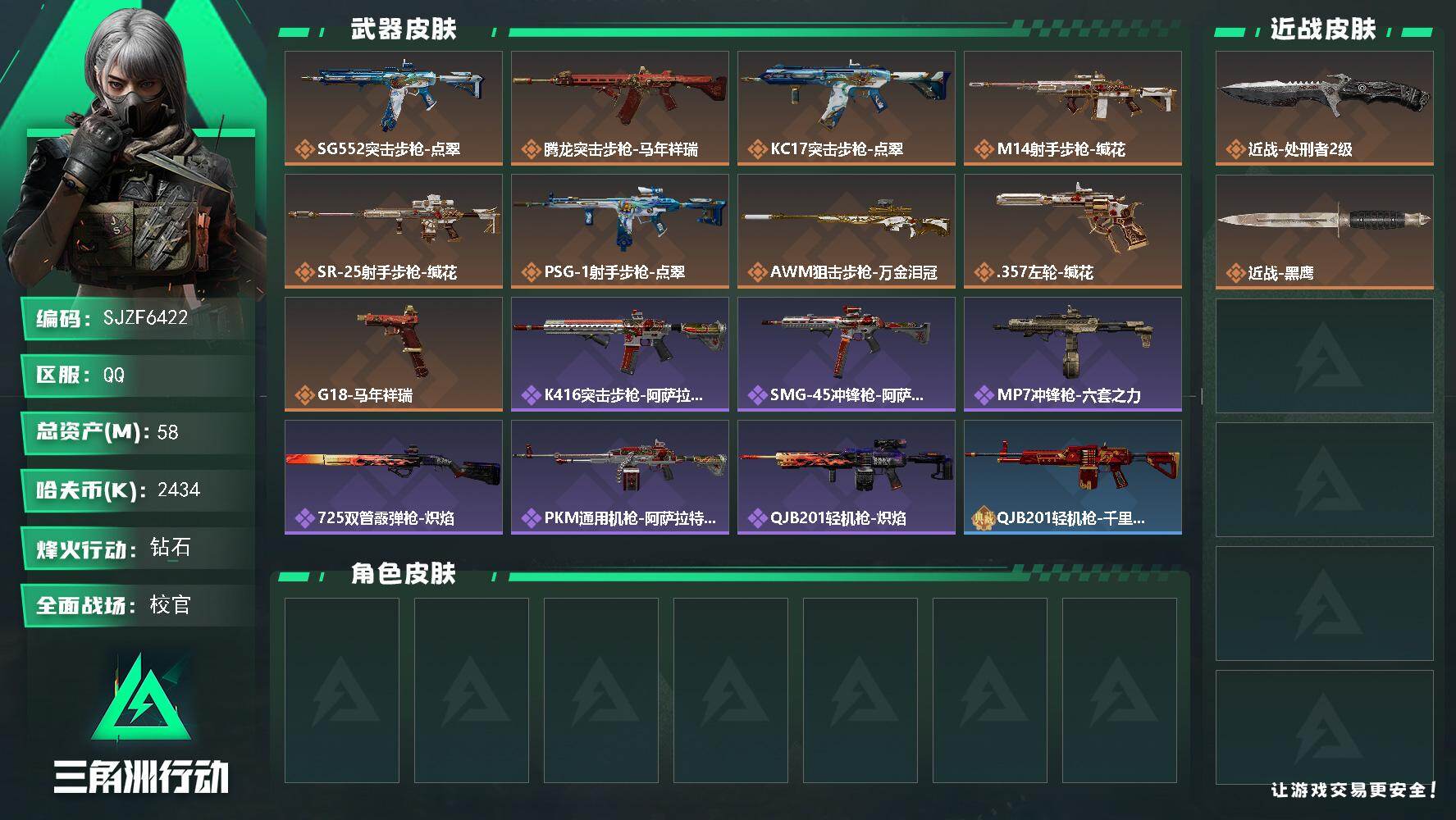 三角洲行动账号QQ【SJZF6422】总资产(M)：58M/哈夫币(K)：2434K/哈夫币(K)：2434K/传说枪皮数：9/全面战场等级：45_段位：校官/烽火地带等级：60_段位：钻石/近战-处刑者2级/近战-