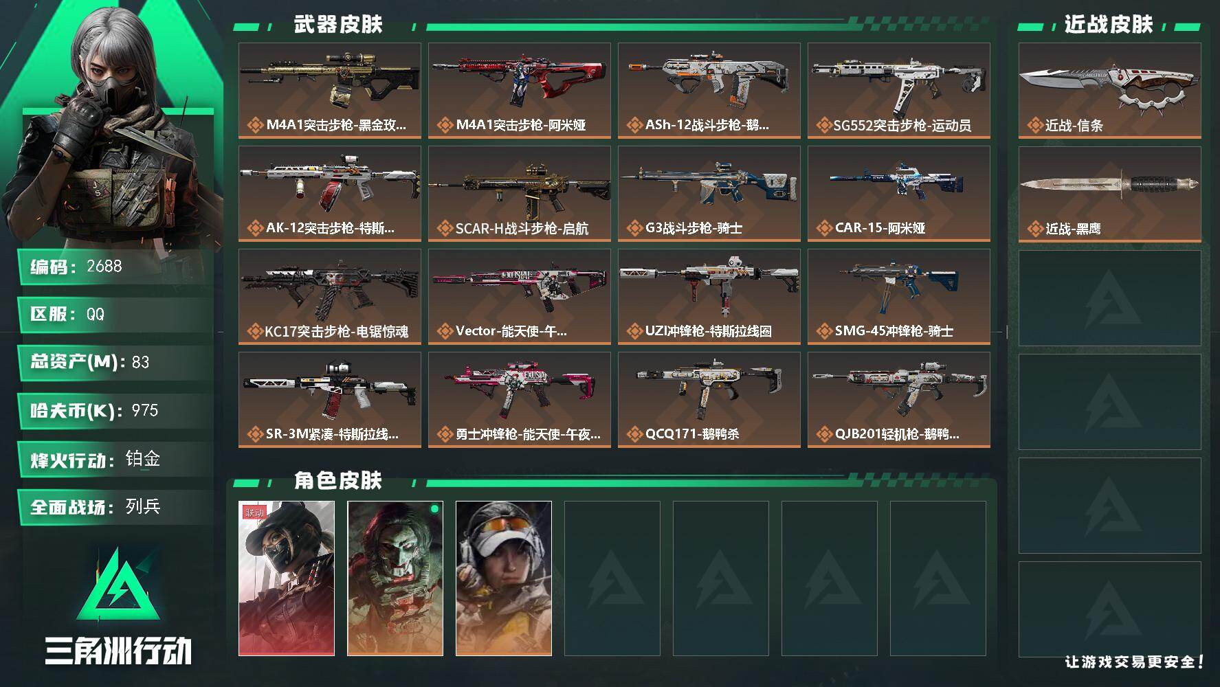 三角洲行动账号QQ总资产(M)：83M/哈夫币(K)：975K/哈夫币(K)：975K/传说枪皮数：18/全面战场等级