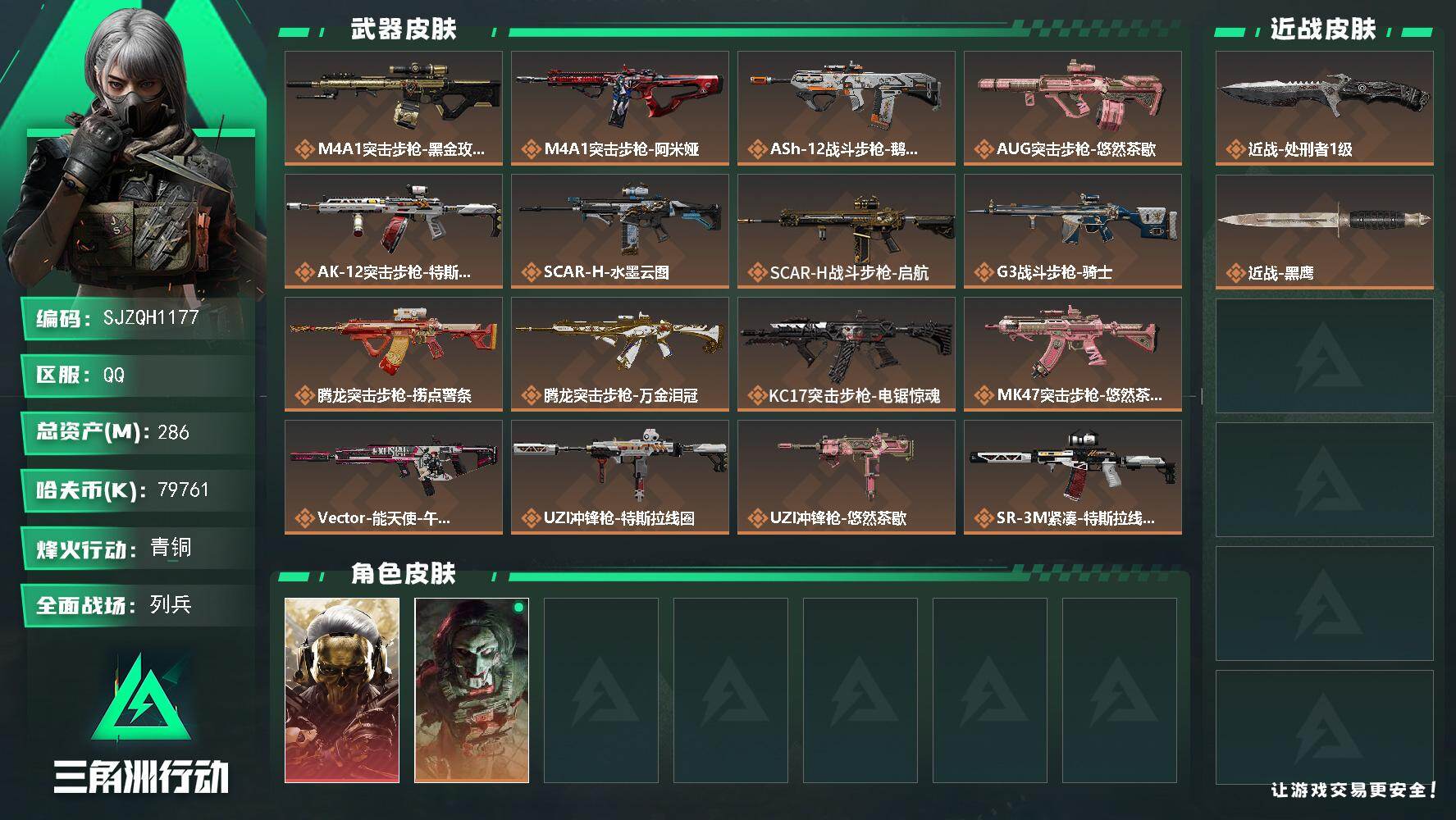 三角洲行动账号QQ【SJZQH1177】总资产(M)：286M/哈夫币(K)：79761K/哈夫币(K)：79761K/传说枪皮数：25/全面战场等级：9_段位：列兵/烽火地带等级：60_段位：青铜/红狼-蚀金玫瑰/