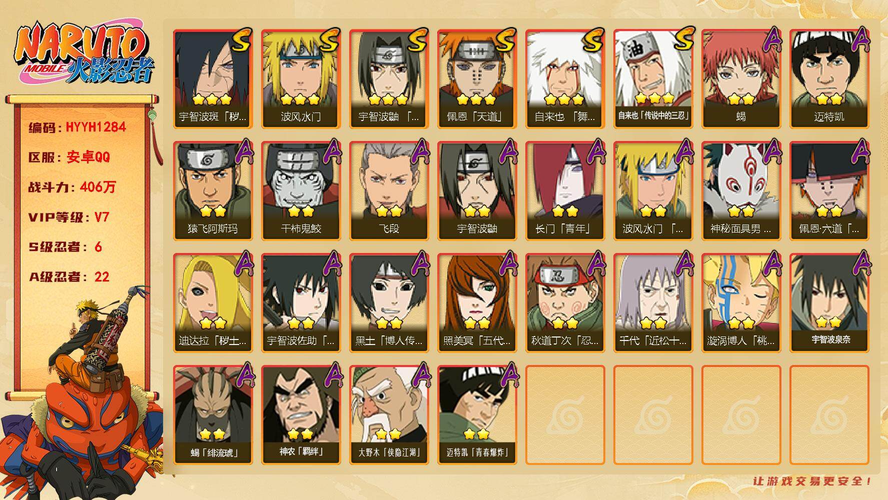 火影忍者账号安卓QQ【HYYH1284】V7/战力406W/S忍6/A忍22/2星大野木「侠隐江湖」/2星宇智波鼬/2星长门「青年」/2星迈特凯/2星蝎/3星佩恩「天道」/2星照美冥「五代目水影」/3星波风水门/2星秋