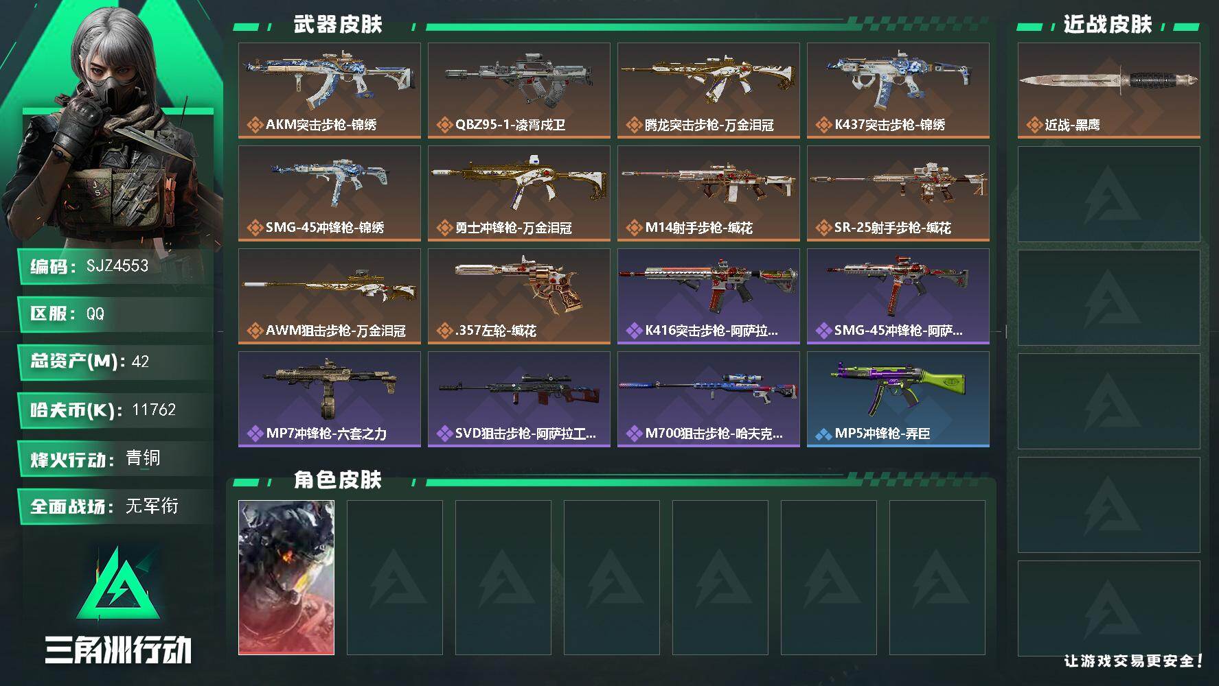 三角洲行动账号QQ【SJZ4553】总资产(M)：42M/哈夫币(K)：11762K/哈夫币(K)：11762K/传说枪皮数：10/全面战场等级：1_段位：无段位/烽火地带等级：31_段位：青铜/威龙-凌霄戍卫/近战