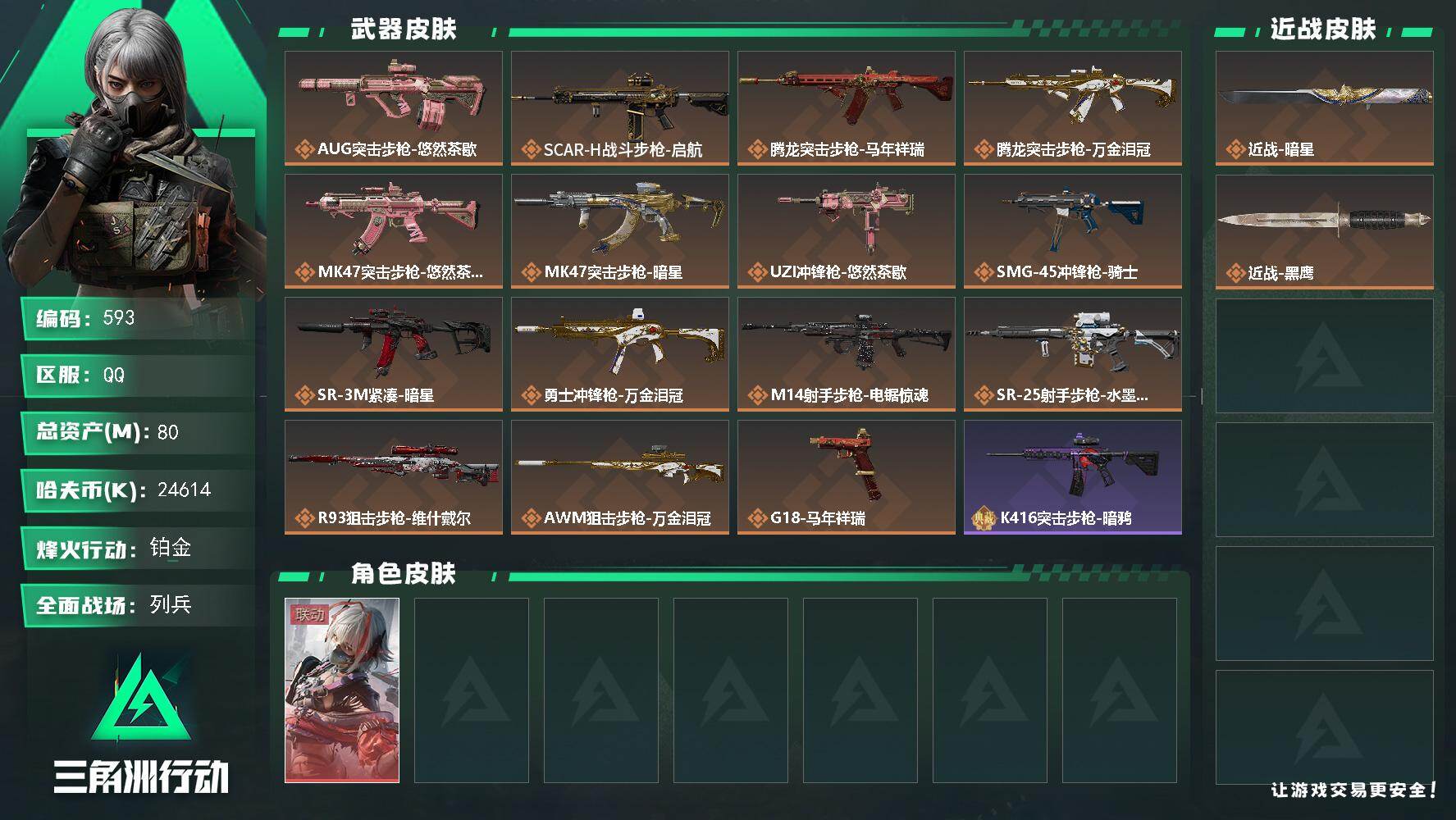 三角洲行动账号QQ【593】【特价满级号+红皮戴尔+80m总资产+近战刀皮暗星】
80m总资产-24614k哈伏币-6