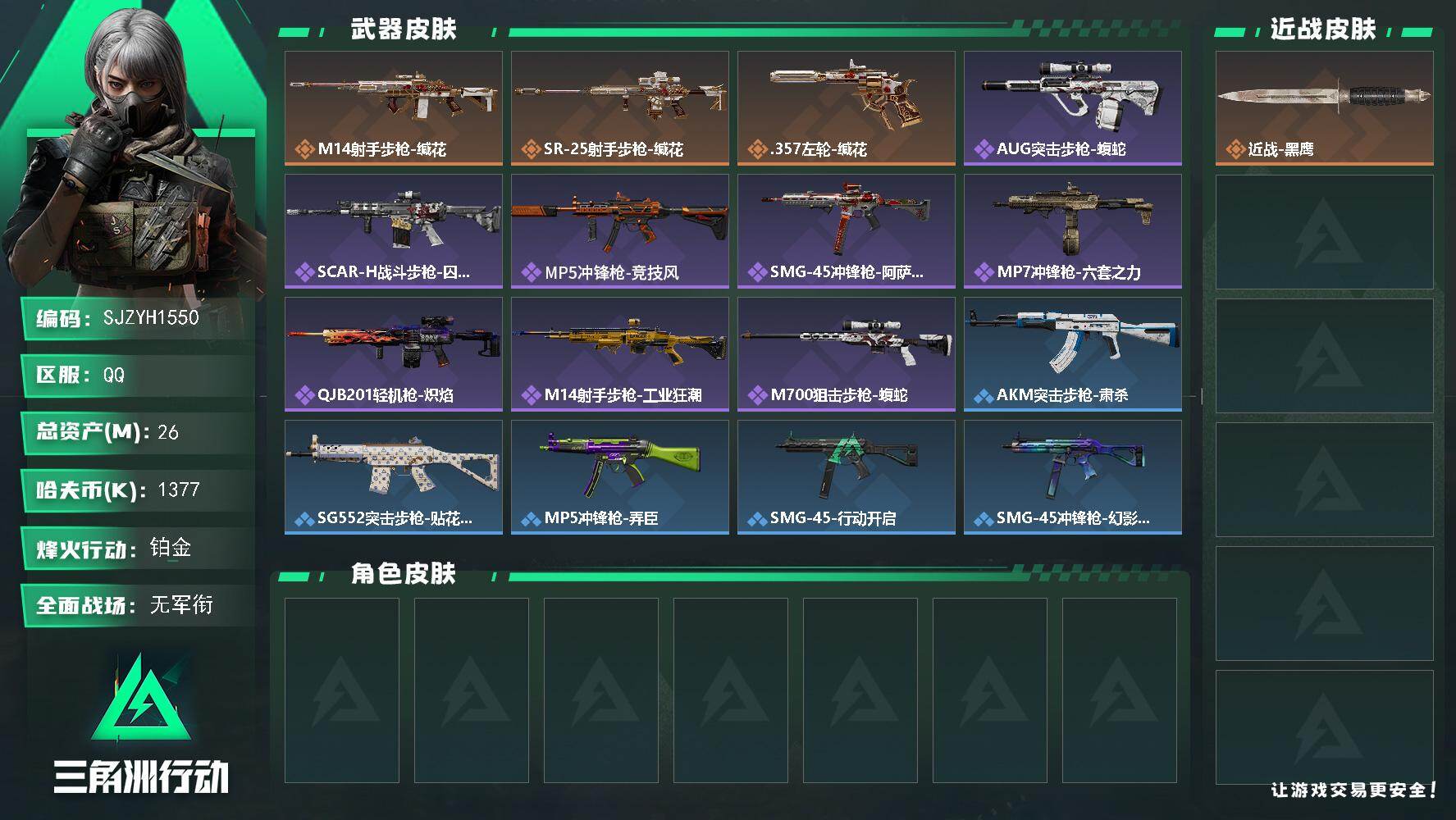 三角洲行动账号QQ【SJZYH1550】总资产(M)：26M/哈夫币(K)：1377K/哈夫币(K)：1377K/传说枪皮数：3/全面战场等级：1_段位：无段位/烽火地带等级：60_段位：铂金/近战-黑鹰/M14射手