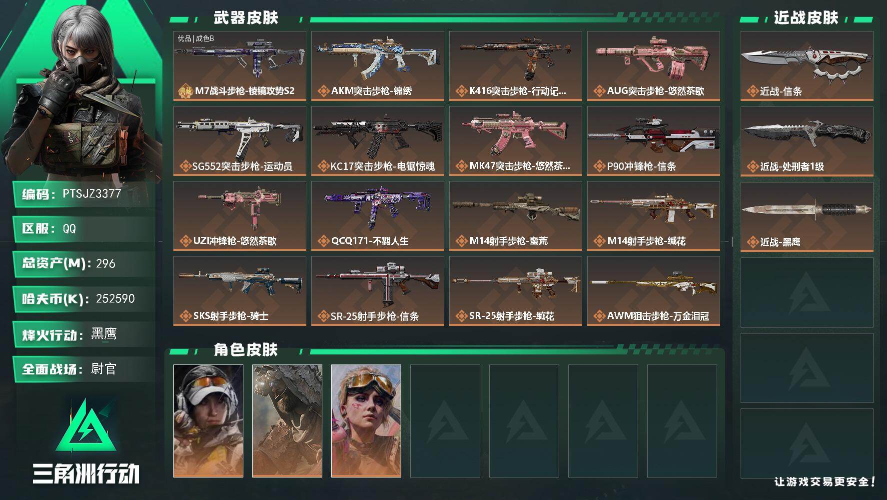 三角洲行动账号QQ【PTSJZ3377】总资产(M)：296M/哈夫币(K)：252590K/哈夫币(K)：25259