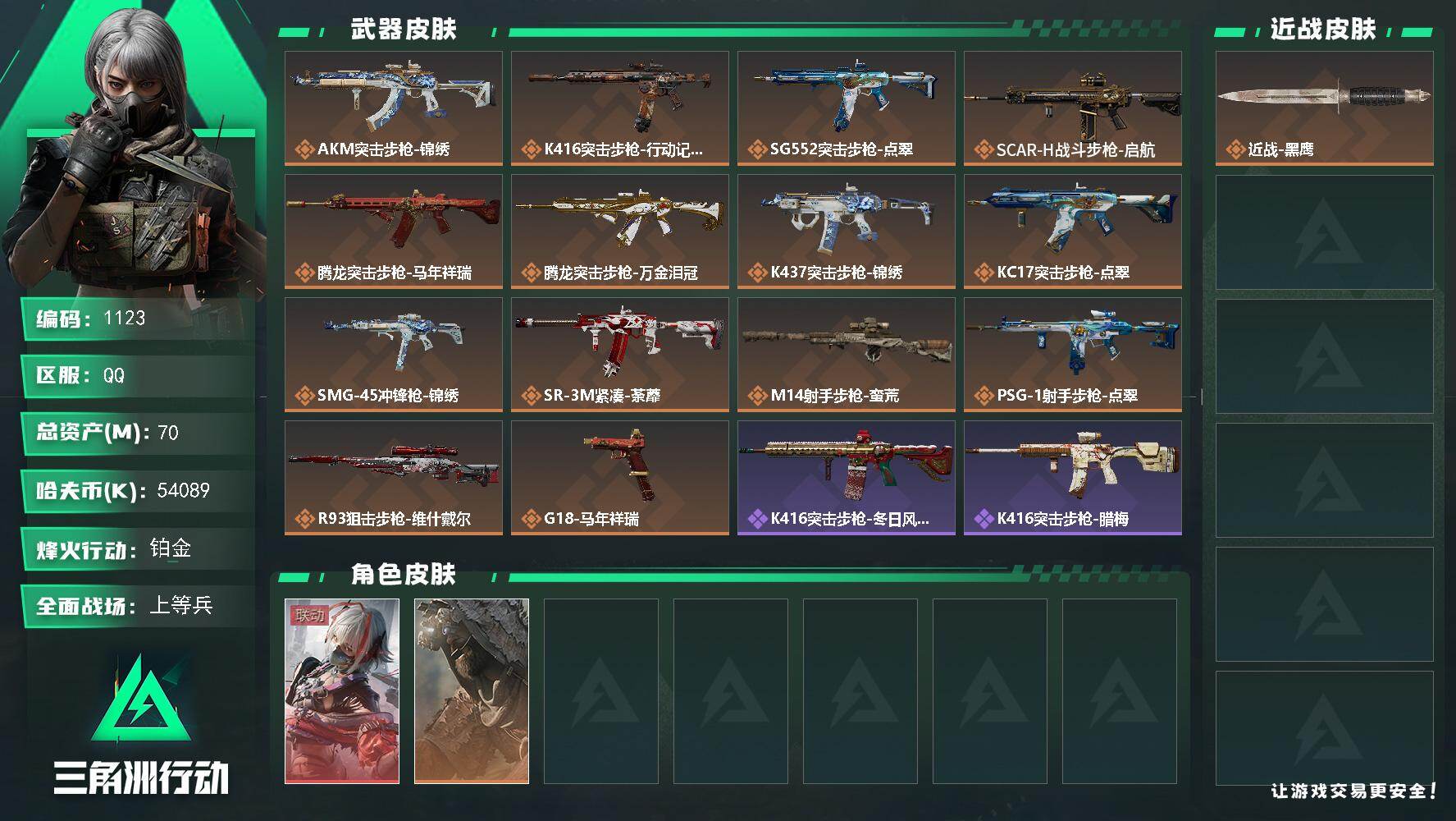 三角洲行动账号QQs8赛季：6格，70m总资产-54089k哈伏币-60烽火等级-铂金-13战场等级-上等兵
【干员外