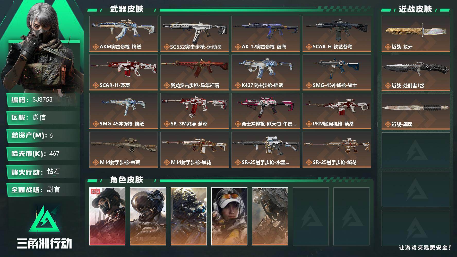 三角洲行动账号VX【SJ8753】总资产(M)：6M/哈夫币(K)：467K/哈夫币(K)：467K/传说枪皮数：19/全面战场等级：39_段位：尉官/烽火地带等级：60_段位：钻石/露娜-黑·天际线/威龙-壮志凌云