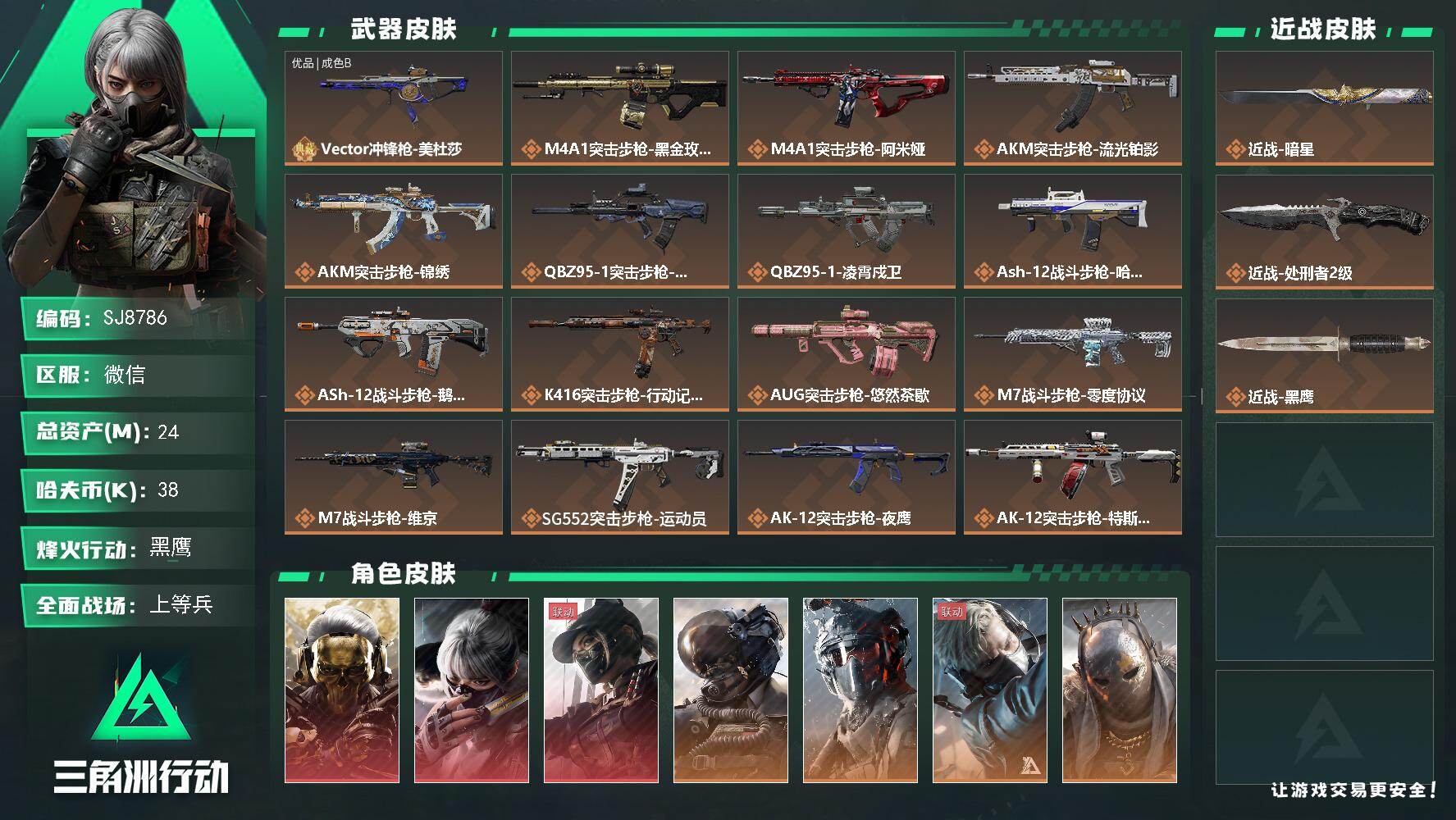 三角洲行动账号VX【SJ8786】总资产(M)：24M/哈夫币(K)：38K/哈夫币(K)：38K/传说枪皮数：51/全面战场等级：39_段位：上等兵/烽火地带等级：60_段位：黑鹰/红狼-蚀金玫瑰/骇爪-水墨云图/