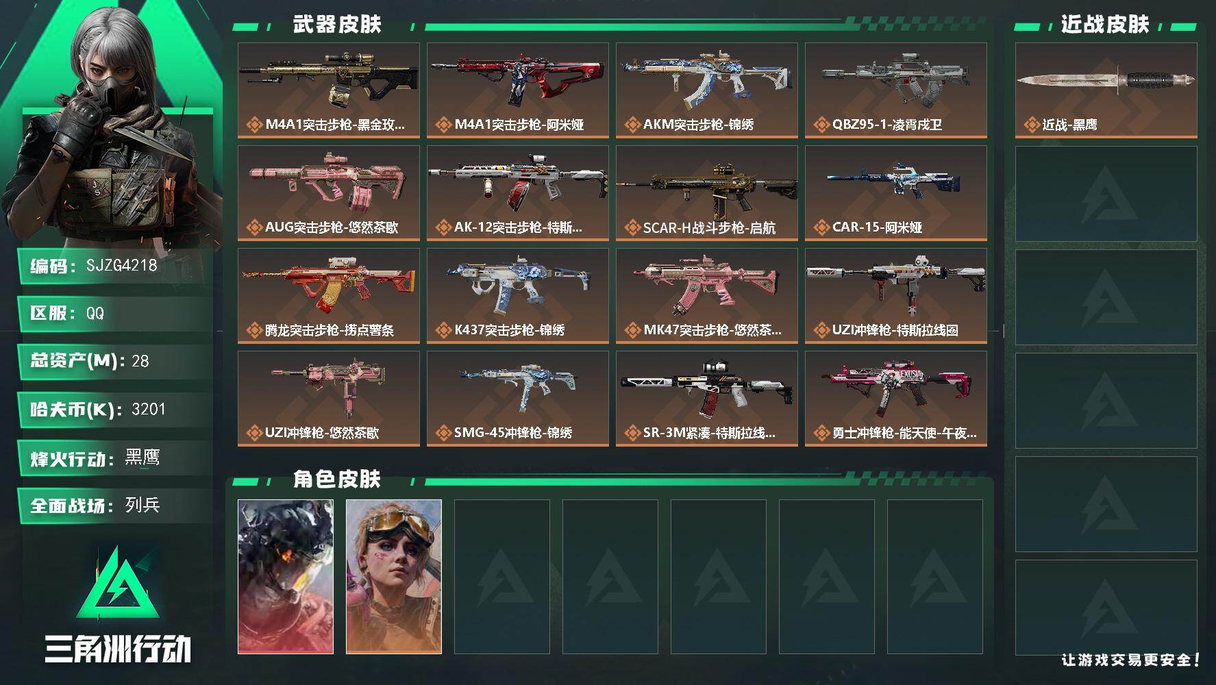 三角洲行动账号QQ【SJZG4218】总资产(M)：28M/哈夫币(K)：3201K/哈夫币(K)：3201K/传说枪皮数：20/全面战场等级：7_段位：列兵/烽火地带等级：60_段位：黑鹰/威龙-凌霄戍卫/蛊-不羁