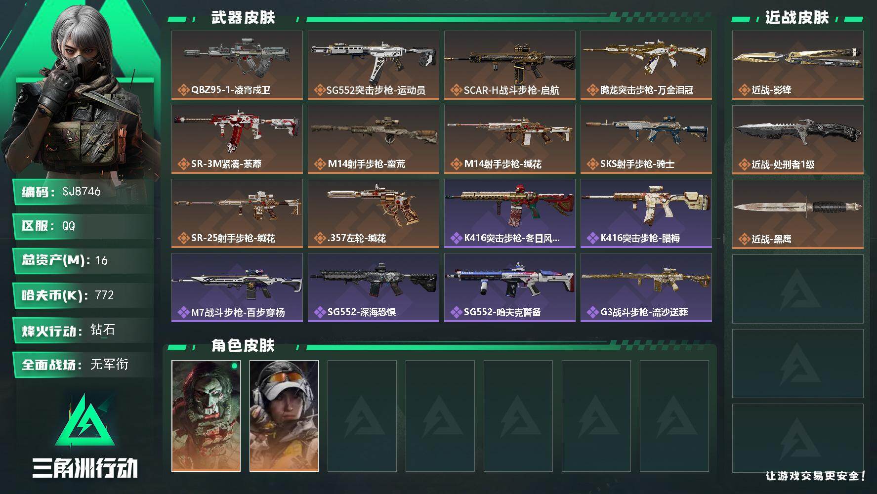 三角洲行动账号QQ【SJ8746】总资产(M)：16M/哈夫币(K)：772K/哈夫币(K)：772K/传说枪皮数：10/全面战场等级：1_段位：无段位/烽火地带等级：60_段位：钻石/红狼-电锯惊魂/露娜-金牌射手