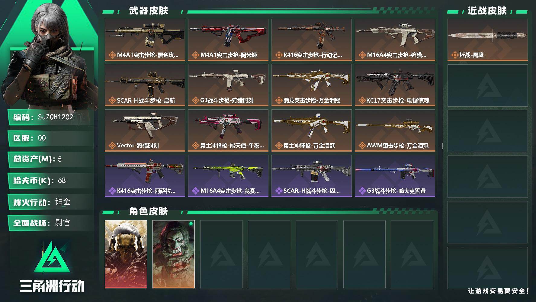 三角洲行动账号QQ【SJZQH1202】总资产(M)：5M/哈夫币(K)：68K/哈夫币(K)：68K/传说枪皮数：12/全面战场等级：35_段位：尉官/烽火地带等级：60_段位：铂金/红狼-蚀金玫瑰/红狼-电锯惊魂