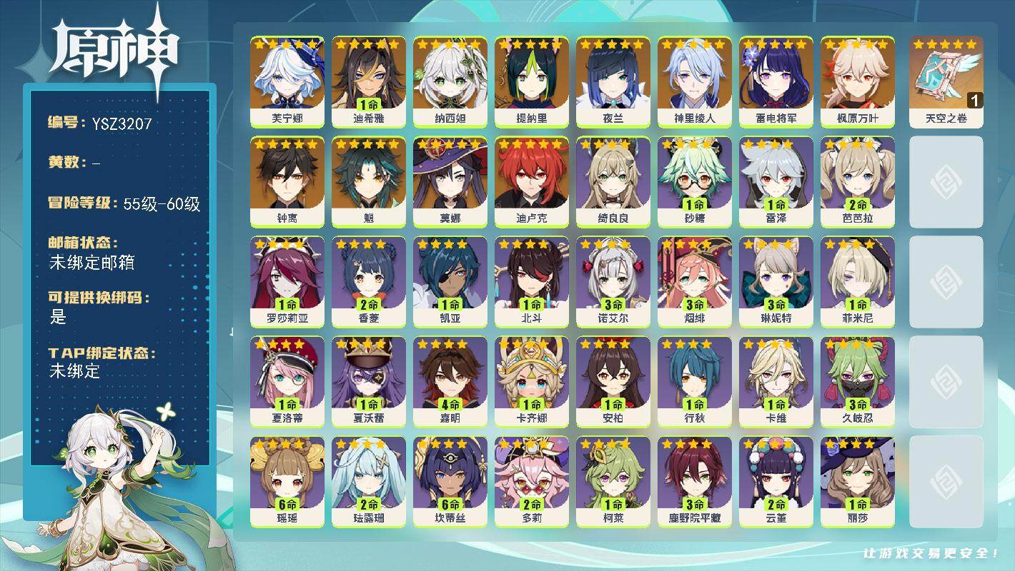 原神账号官服 天空岛【YSZ3207】56级/女主/13个五星角色/0命芙宁娜/1命迪希雅/0命纳西妲/0命提纳里/0命夜兰/0命神里绫人/0命雷电将军/0命枫原万叶/0命魈/0命钟离/0命迪卢克/0命莫娜/精1天空之