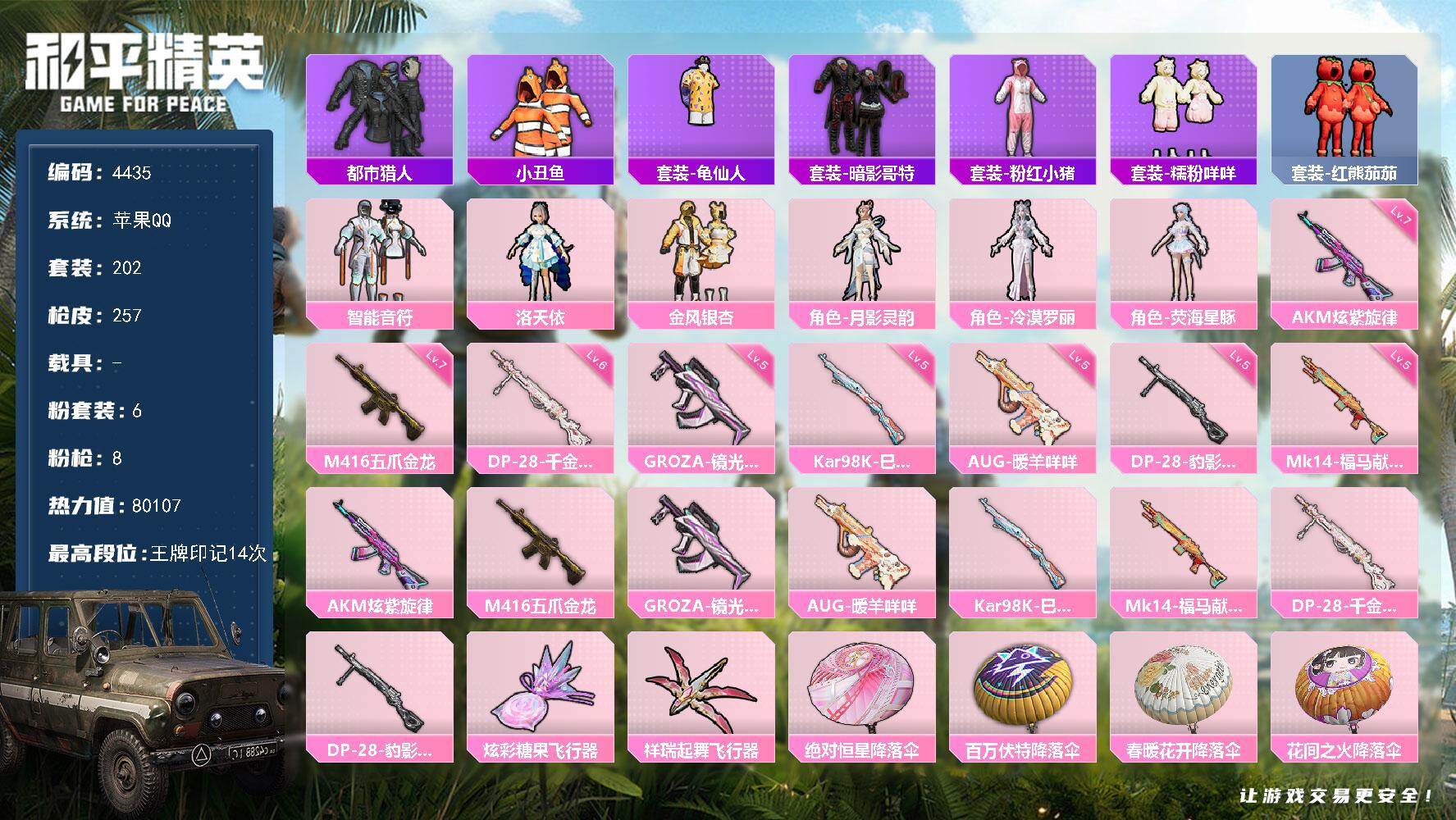 和平精英账号苹果QQ0载具-202套装-257枪皮-202套装/枪械8/装备323/战备187/王牌印记14/热力值80