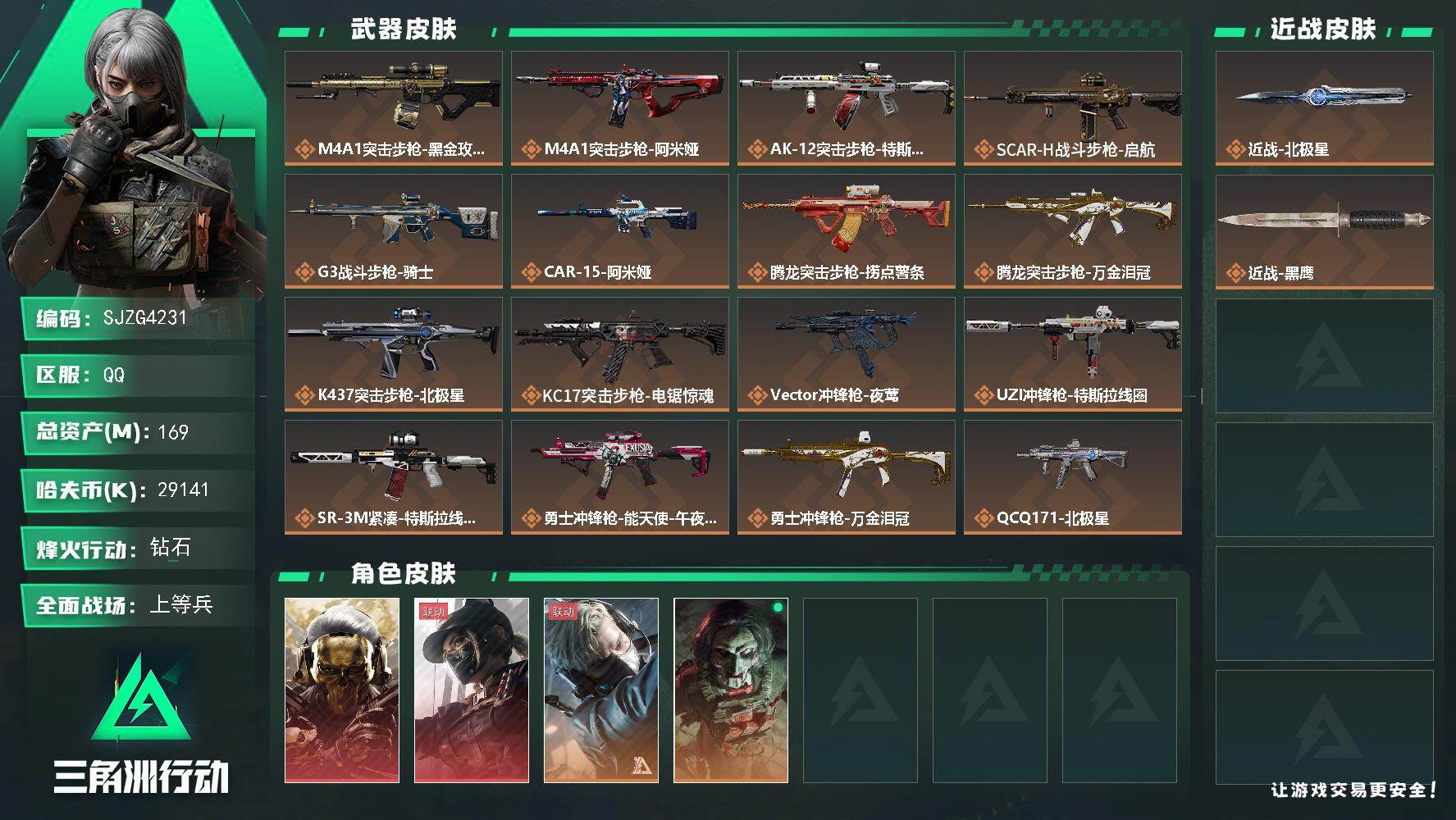 三角洲行动账号QQ【SJZG4231】总资产(M)：169M/哈夫币(K)：29141K/哈夫币(K)：29141K/传说枪皮数：22/全面战场等级：50_段位：上等兵/烽火地带等级：60_段位：钻石/红狼-蚀金玫瑰