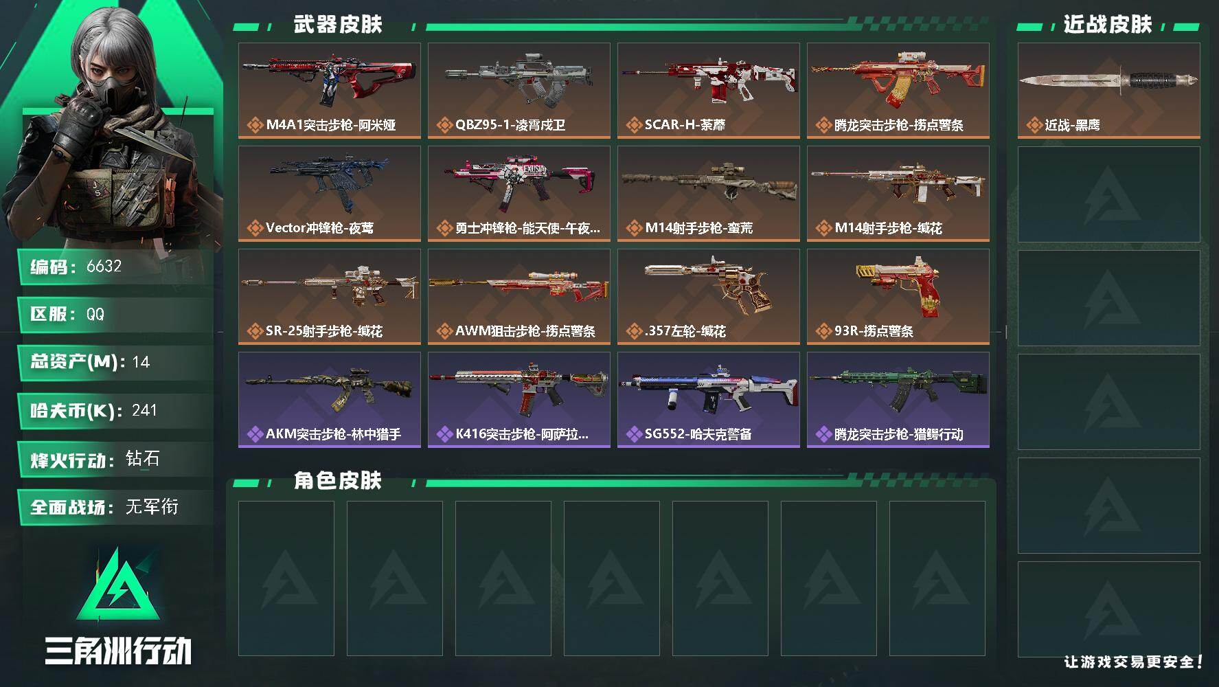 三角洲行动账号QQ总资产(M)：14M/哈夫币(K)：241K/哈夫币(K)：241K/传说枪皮数：12/全面战场等级