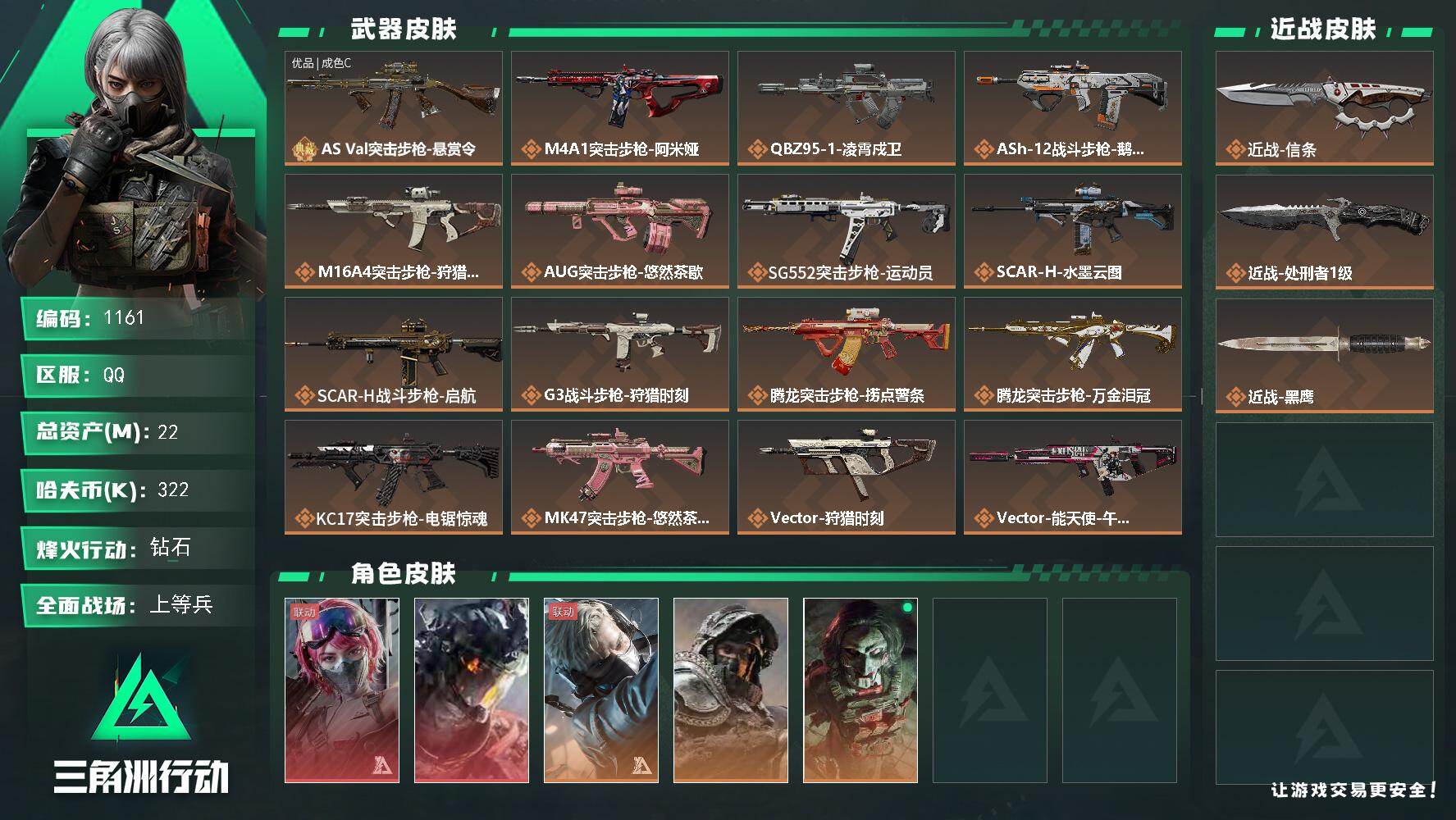 三角洲行动账号QQ【S8赛季6格】22m总资产-322k哈伏币-60烽火等级-钻石-22战场等级-上等兵【指挥中心5+