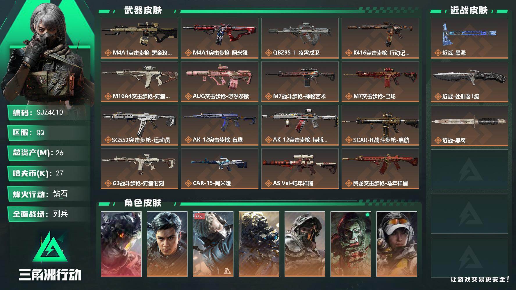 三角洲行动账号QQ【SJZ4610】总资产(M)：26M/哈夫币(K)：27K/哈夫币(K)：27K/传说枪皮数：36/全面战场等级：23_段位：列兵/烽火地带等级：60_段位：钻石/威龙-凌霄戍卫/威龙-飞虎/蜂医