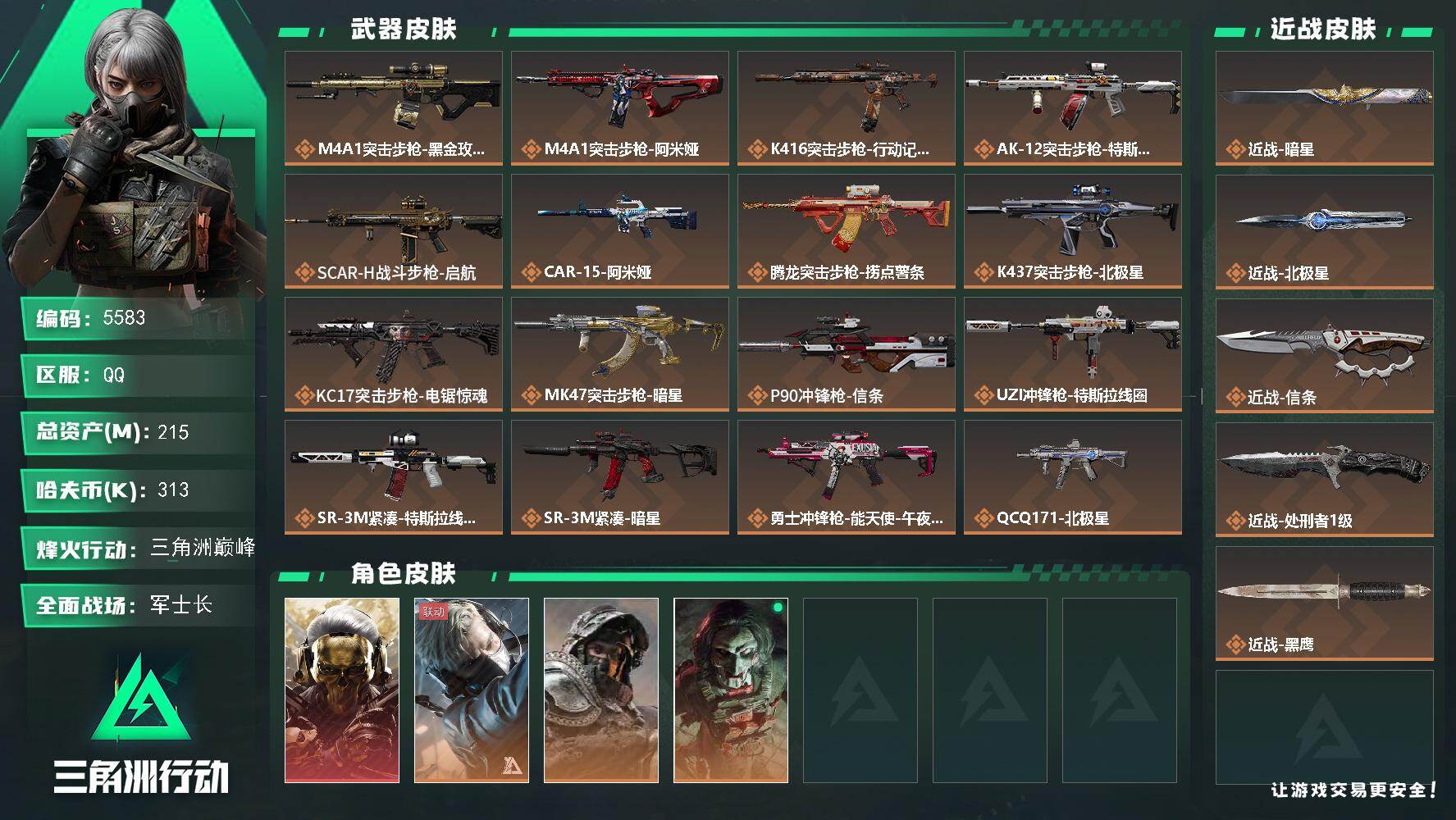 三角洲行动账号QQ总资产(M)：215M/哈夫币(K)：313K/哈夫币(K)：313K/传说枪皮数：23/全面战场等