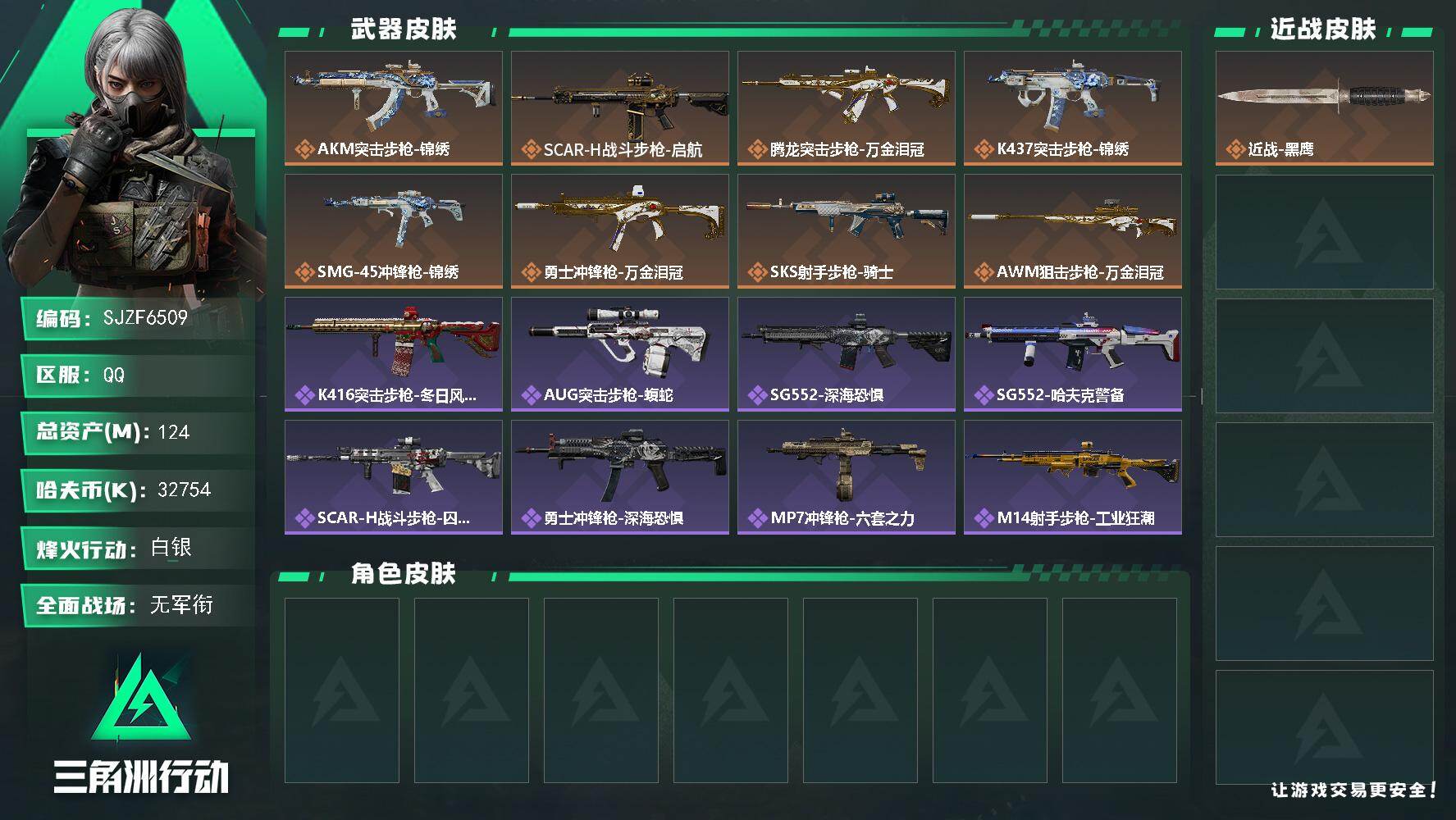 三角洲行动账号QQ【SJZF6509】总资产(M)：124M/哈夫币(K)：32754K/哈夫币(K)：32754K/