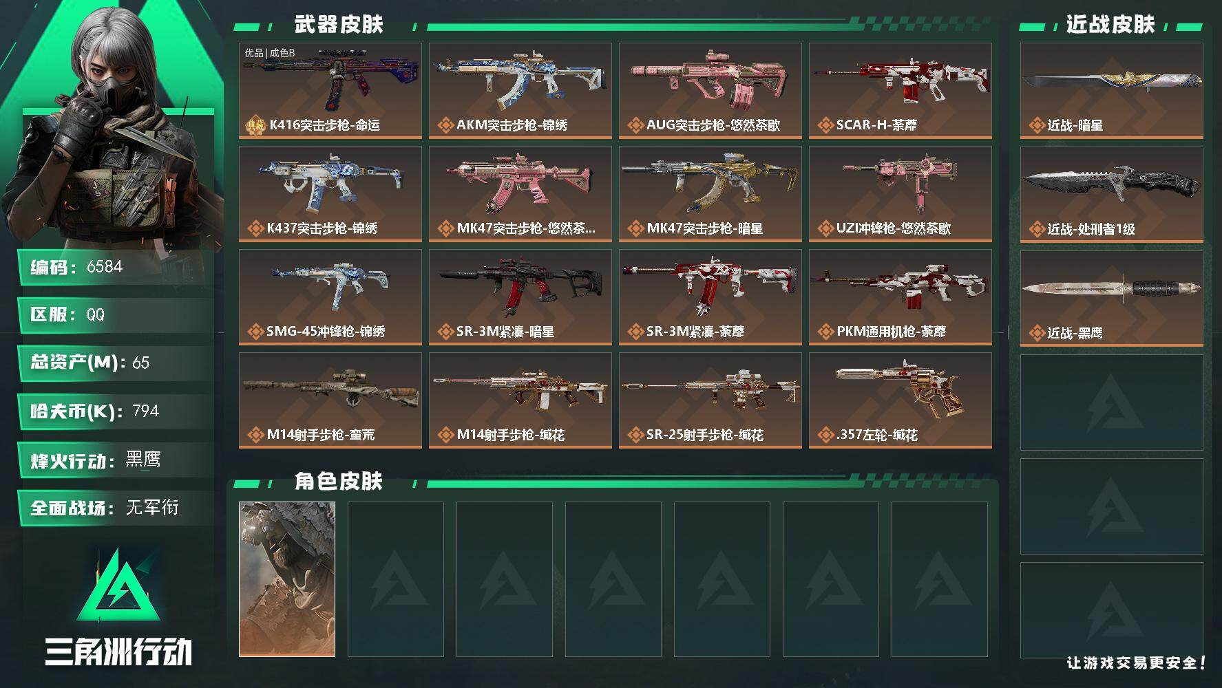 三角洲行动账号QQ总资产(M)：65M/哈夫币(K)：794K/哈夫币(K)：794K/传说枪皮数：16/全面战场等级