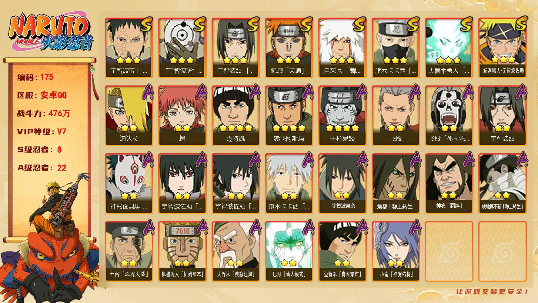 火影忍者账号安卓QQ8S级忍者数-22A级忍者数
【S级忍者】：宇智波带土「忍界大战」(3星)，宇智波鼬「须佐能乎」(3