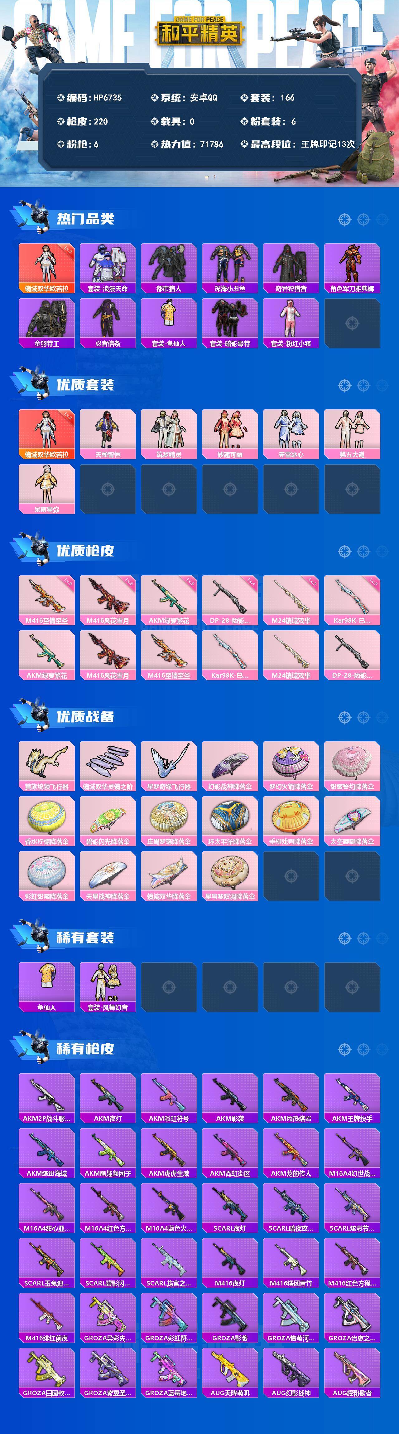 和平精英账号安卓QQ0载具-166套装-220枪皮-（1神装6粉套6粉枪）欧若拉3级/都市猎人/暗影哥特/粉红小猪/天禅