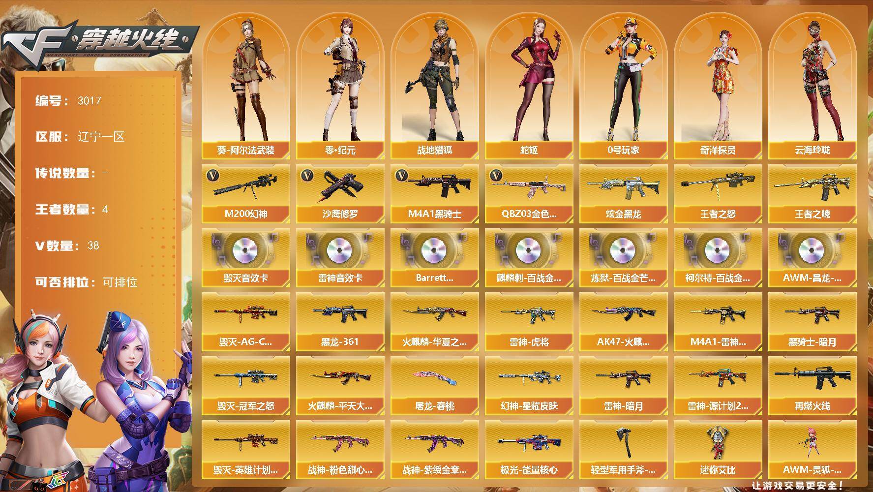 穿越火线账号北部战区辽宁一区辽宁一区-38V-4王者武器数-1炫金武器数
【热门武器】：QBZ03-金色蔷薇，M200-幻神，M