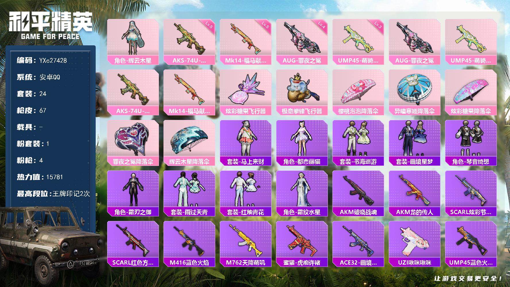 和平精英账号安卓QQ YXc27428-【无二次协助处理】【因赛季更新游戏段付以上号为准!】
安卓Q-1粉装5特效枪1热