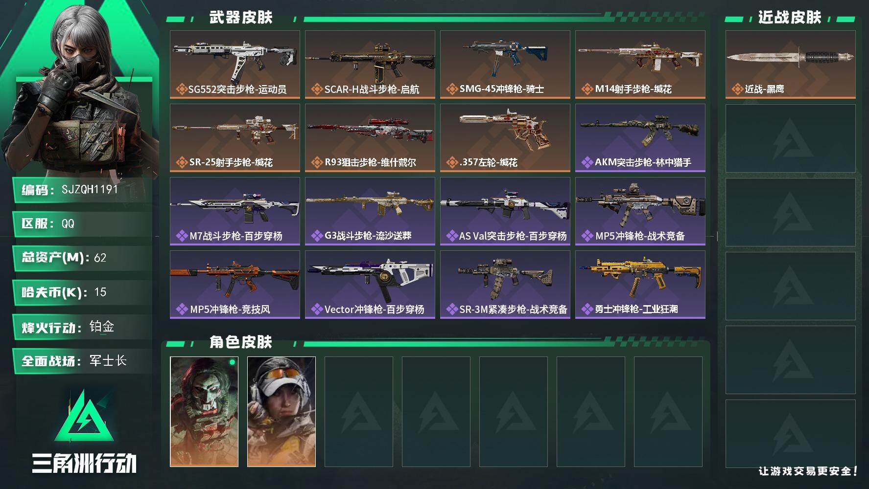 三角洲行动账号QQ【SJZQH1191】总资产(M)：62M/哈夫币(K)：15K/哈夫币(K)：15K/传说枪皮数：7/全面战场等级：28_段位：军士长/烽火地带等级：60_段位：铂金/红狼-电锯惊魂/露娜-金牌射