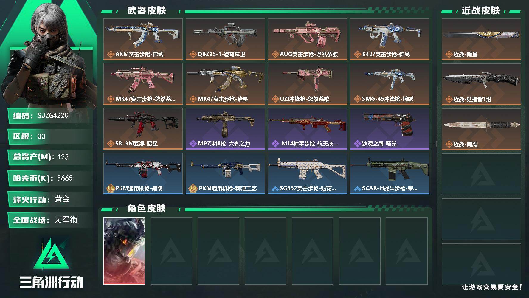 三角洲行动账号QQ【SJZG4220】总资产(M)：123M/哈夫币(K)：5665K/哈夫币(K)：5665K/传说