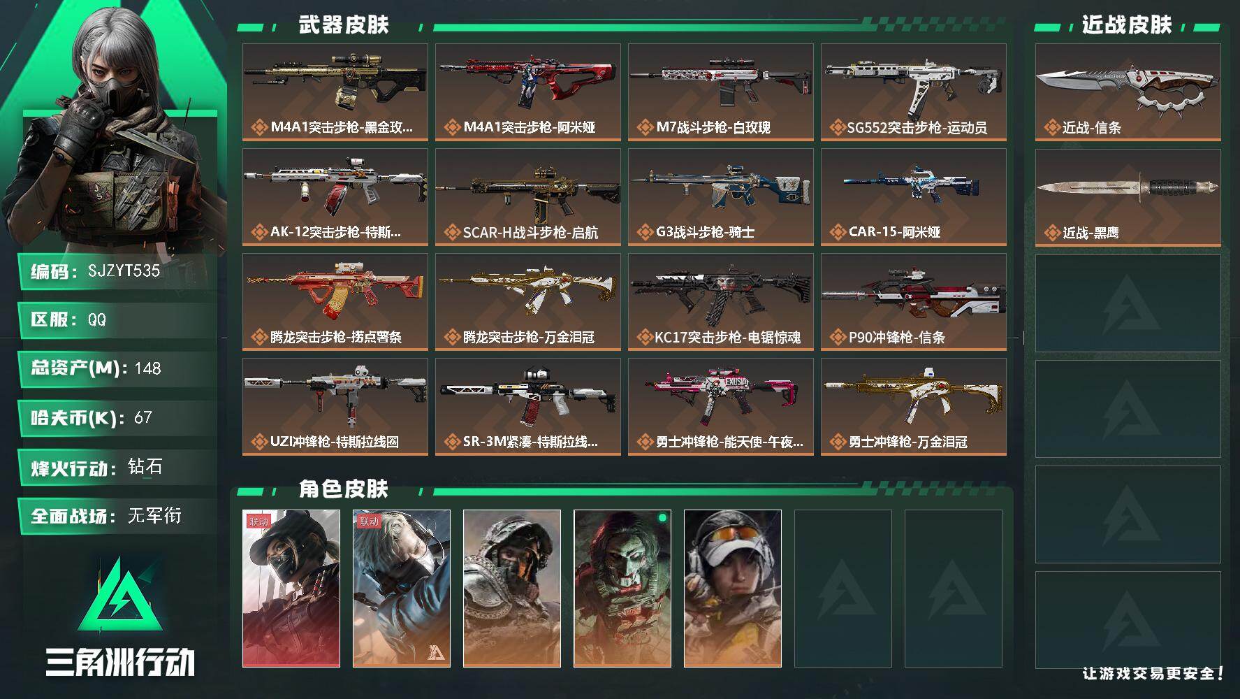 三角洲行动账号QQ【SJZYT535】总资产(M)：148M/哈夫币(K)：67K/哈夫币(K)：67K/传说枪皮数：