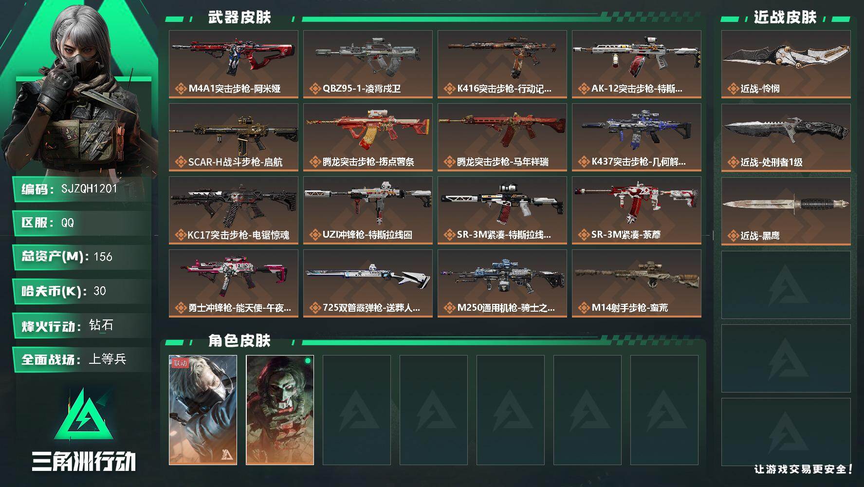 三角洲行动账号QQ【SJZQH1201】总资产(M)：156M/哈夫币(K)：30K/哈夫币(K)：30K/传说枪皮数：24/全面战场等级：27_段位：上等兵/烽火地带等级：60_段位：钻石/蜂医-送葬人·无题密令/