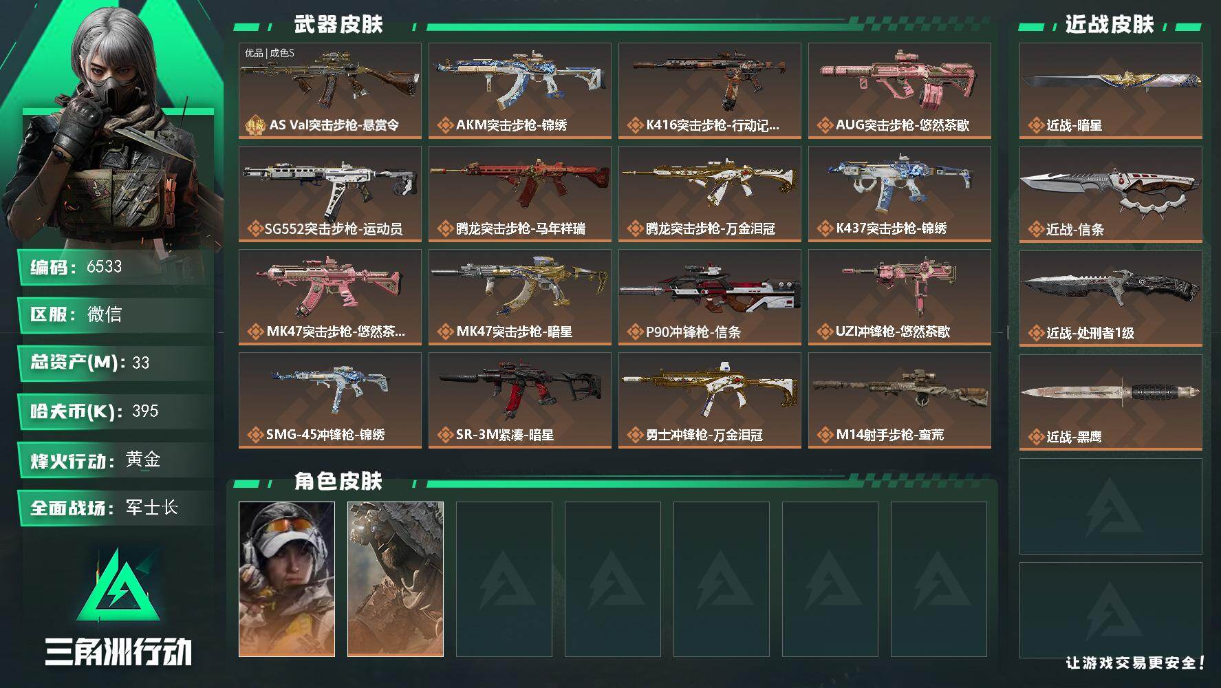 三角洲行动账号VX总资产(M)：33M/哈夫币(K)：395K/哈夫币(K)：395K/传说枪皮数：22/全面战场等级