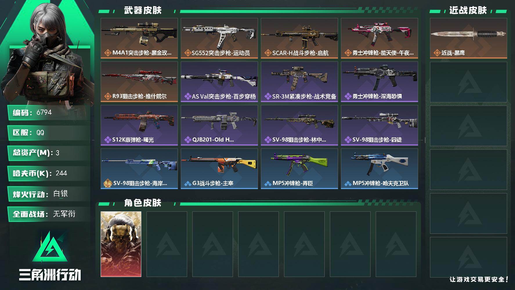 三角洲行动账号QQ总资产(M)：3M/哈夫币(K)：244K/哈夫币(K)：244K/传说枪皮数：5/全面战场等级：1