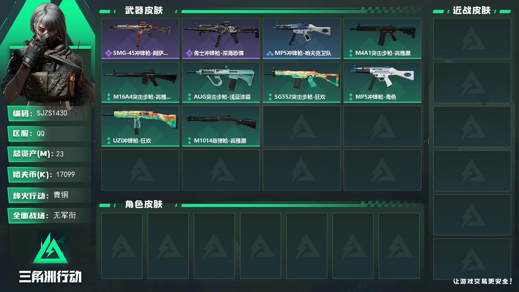 三角洲行动账号QQ23m总资产-17099k哈伏币-18烽火等级-青铜-1战场等级-无军衔
【史诗外观】：SMG-45