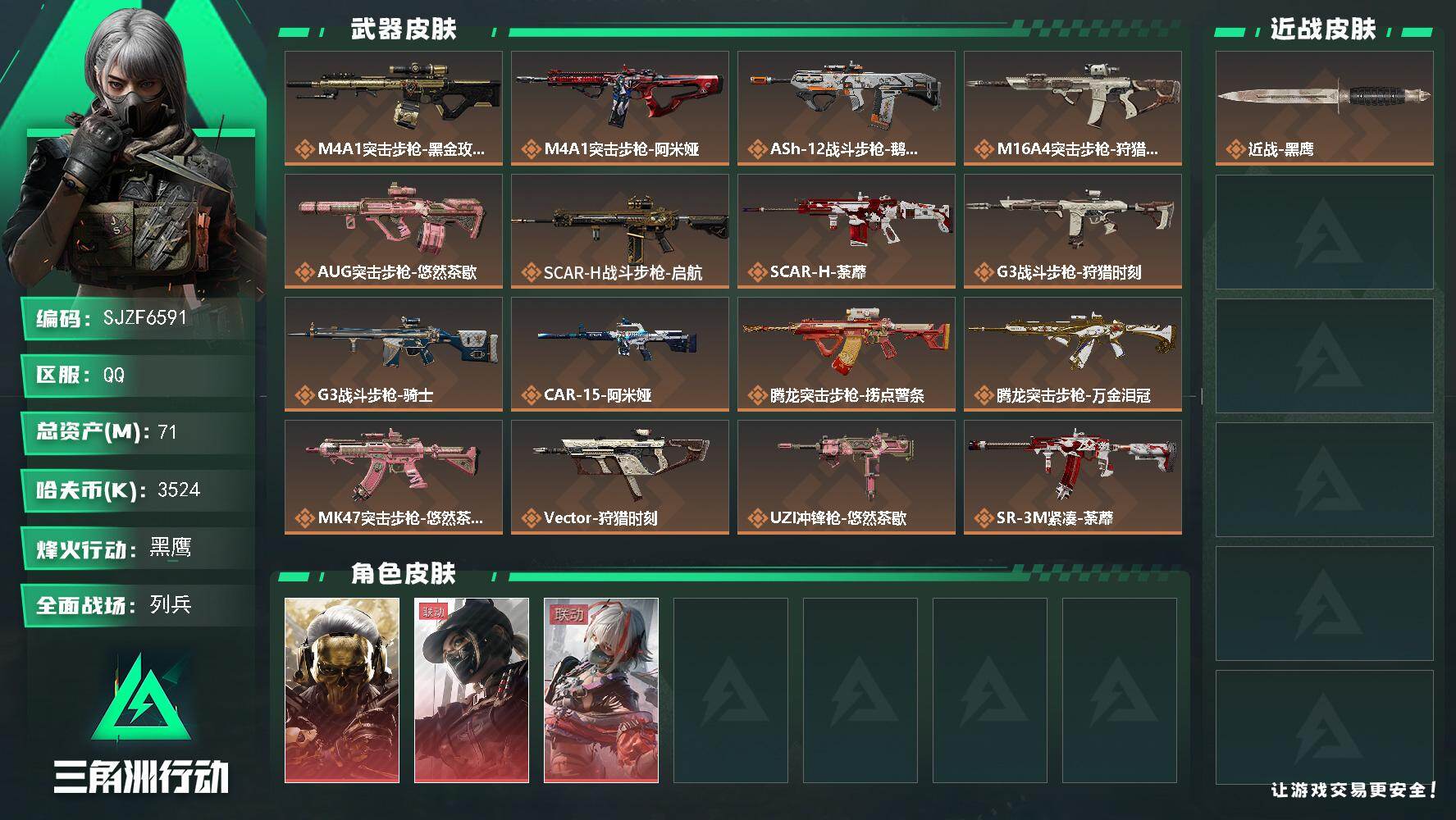 三角洲行动账号QQ【SJZF6591】总资产(M)：71M/哈夫币(K)：3524K/哈夫币(K)：3524K/传说枪