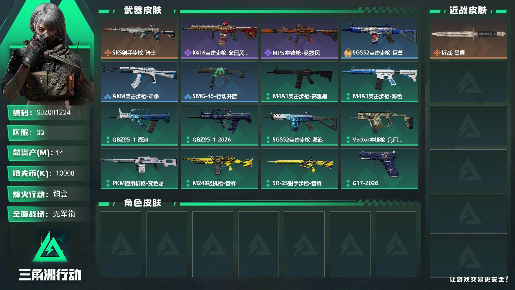 三角洲行动账号QQ【SJZQH1224】总资产(M)：14M/哈夫币(K)：10008K/哈夫币(K)：10008K/传说枪皮数：1/全面战场等级：1_段位：无段位/烽火地带等级：60_段位：铂金/近战-黑鹰/SKS