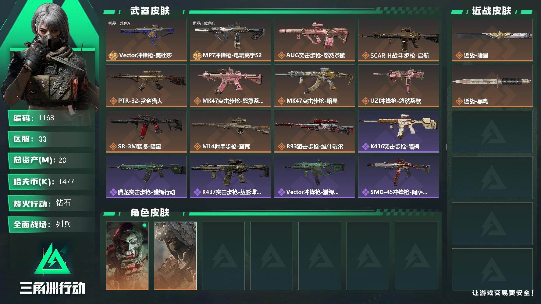 三角洲行动账号QQ20m总资产-1477k哈伏币-38烽火等级-钻石-8战场等级-列兵
【干员外观】：红狼-电锯惊魂，